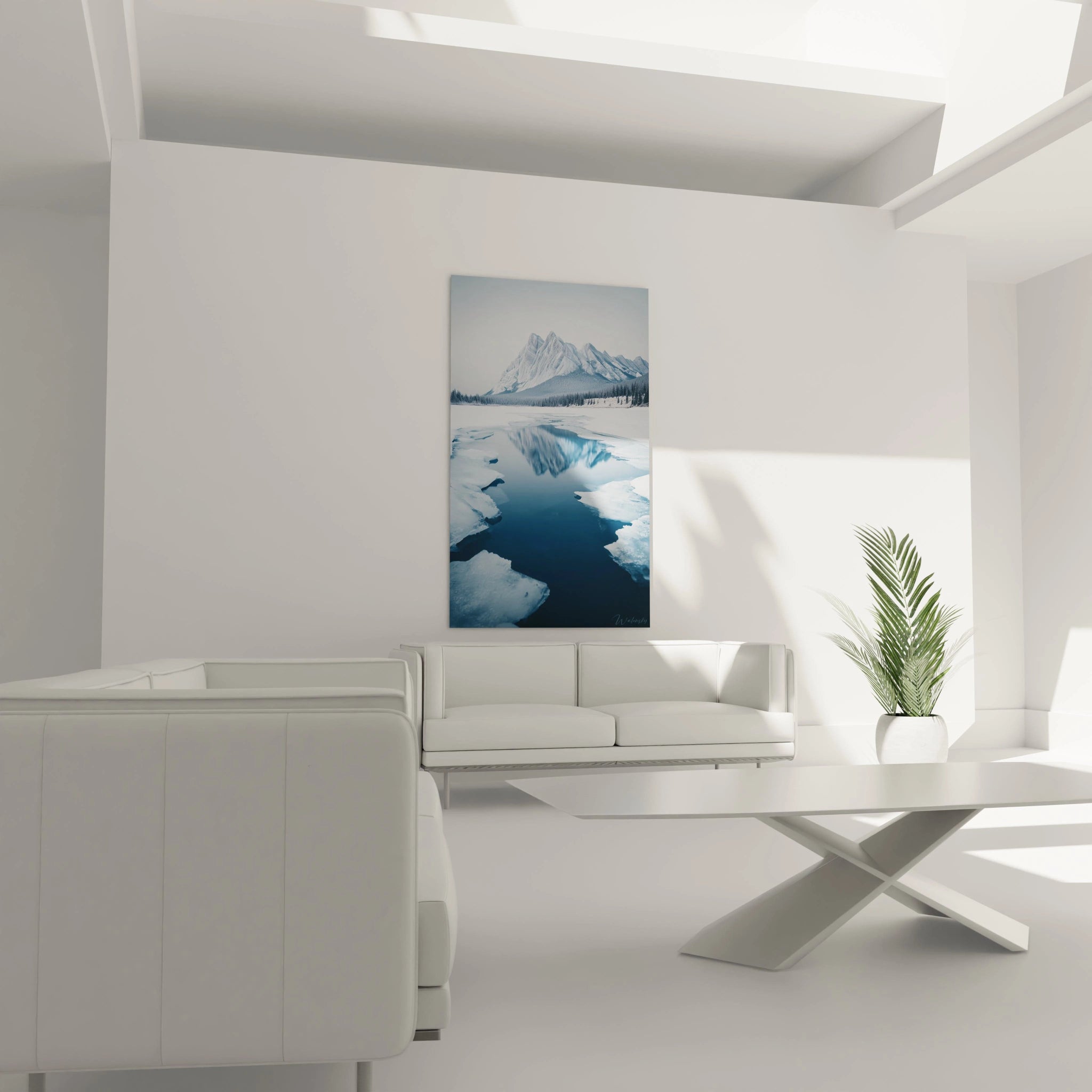 tableau montagne hiver Walensky grand format paysage enneigé accroché au mur d un salon minimaliste