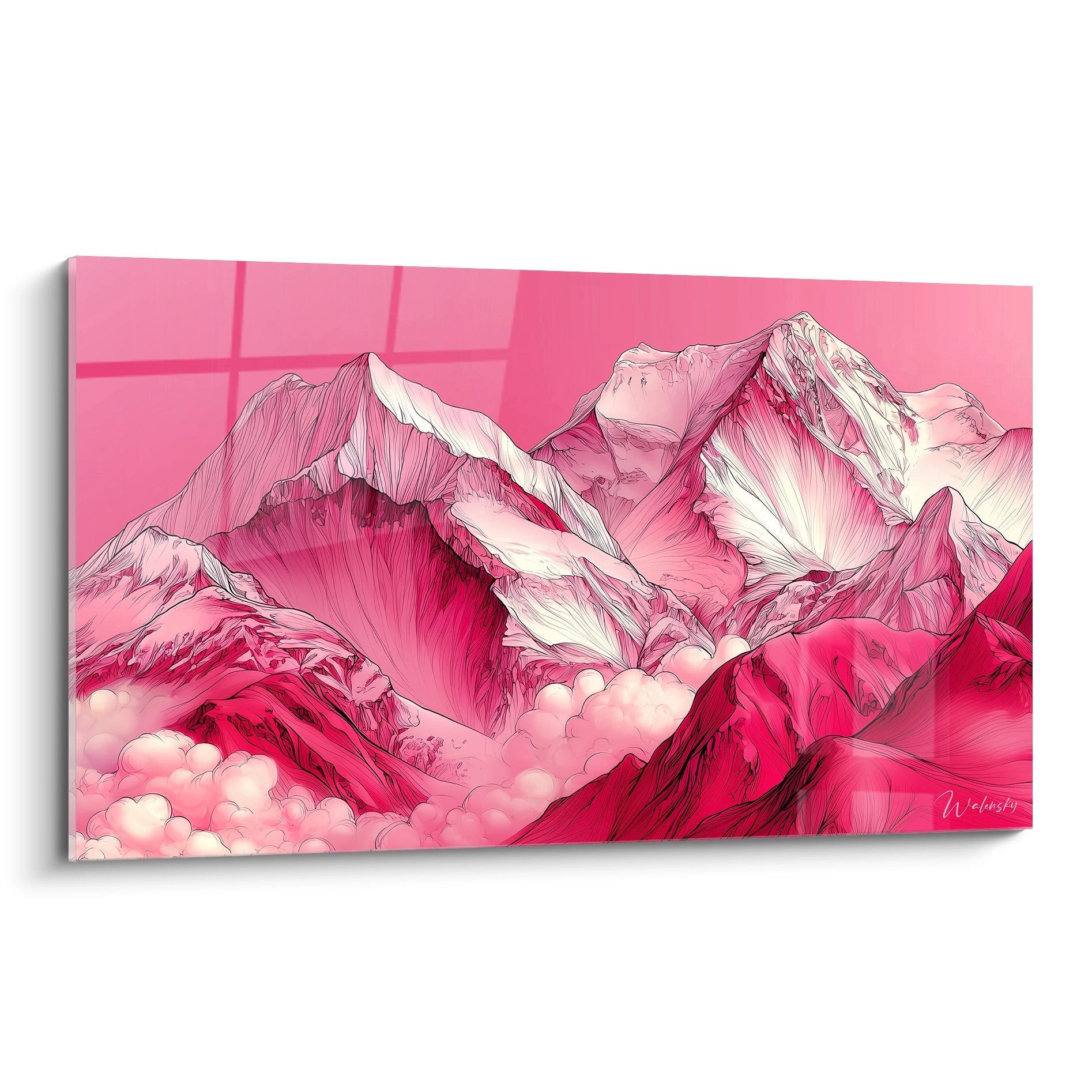 Tableau montagne rose avec sommets alpins stylisés dans camaïeu de roses et nuages cotonneux