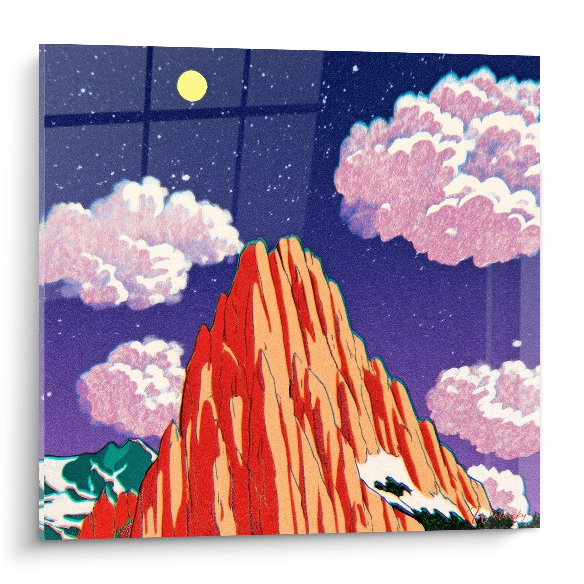 Tableau mural montagne rouge sous ciel étoilé avec lune dorée et nuages roses - art décoratif montagnard