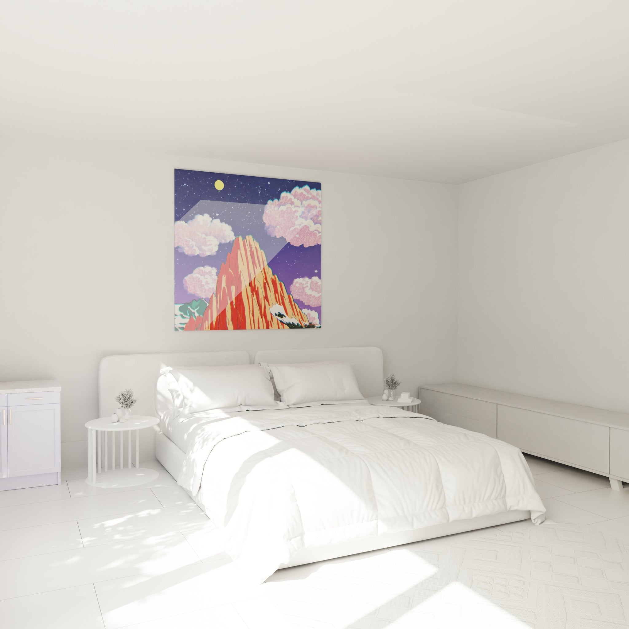 Tableau montagne rouge nocturne dans chambre moderne - décoration murale paysage étoilé ambiance cosy