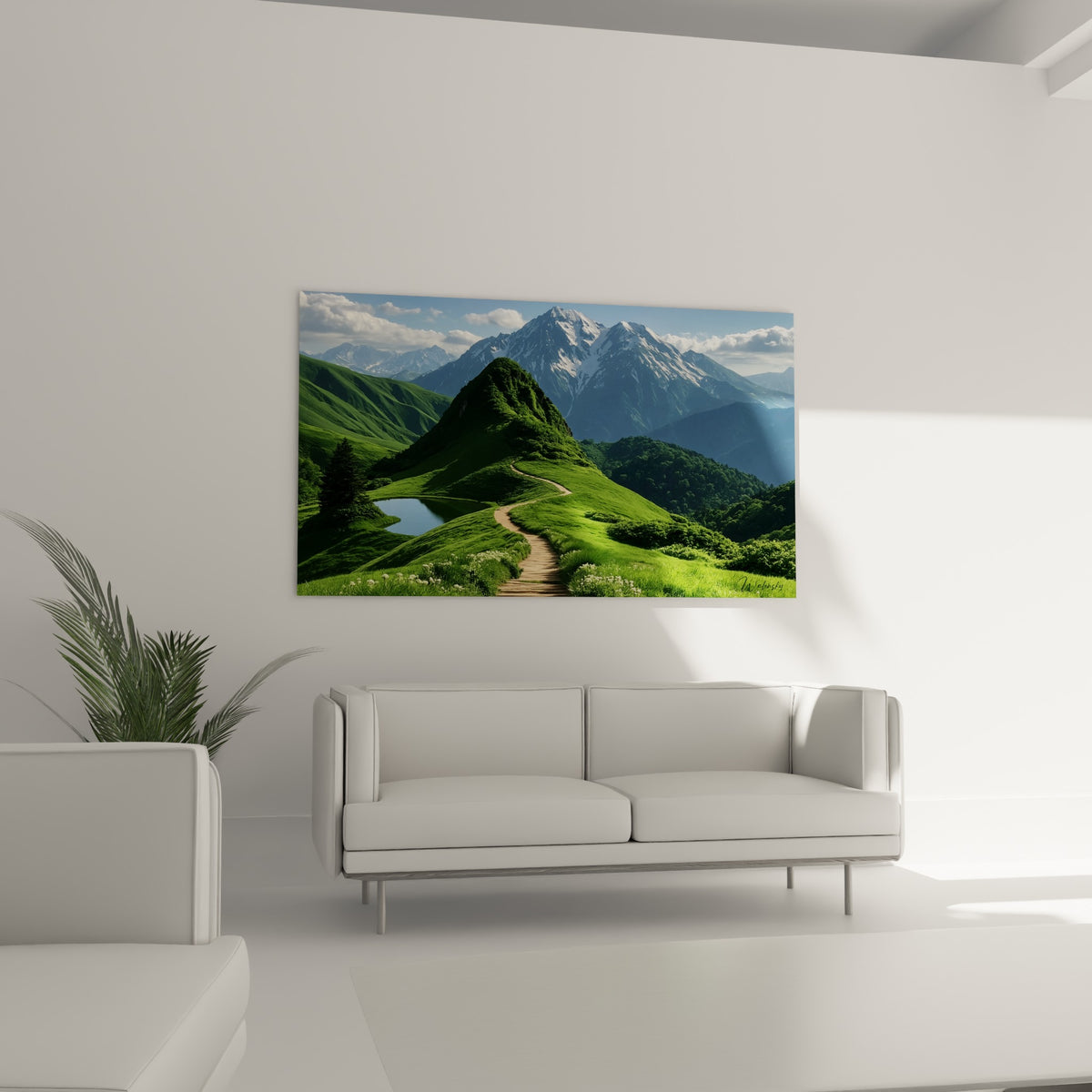 Paysage vert et bleu de montagne avec lac et sentier, tableau accroché au-dessus d'un canapé dans un salon lumineux