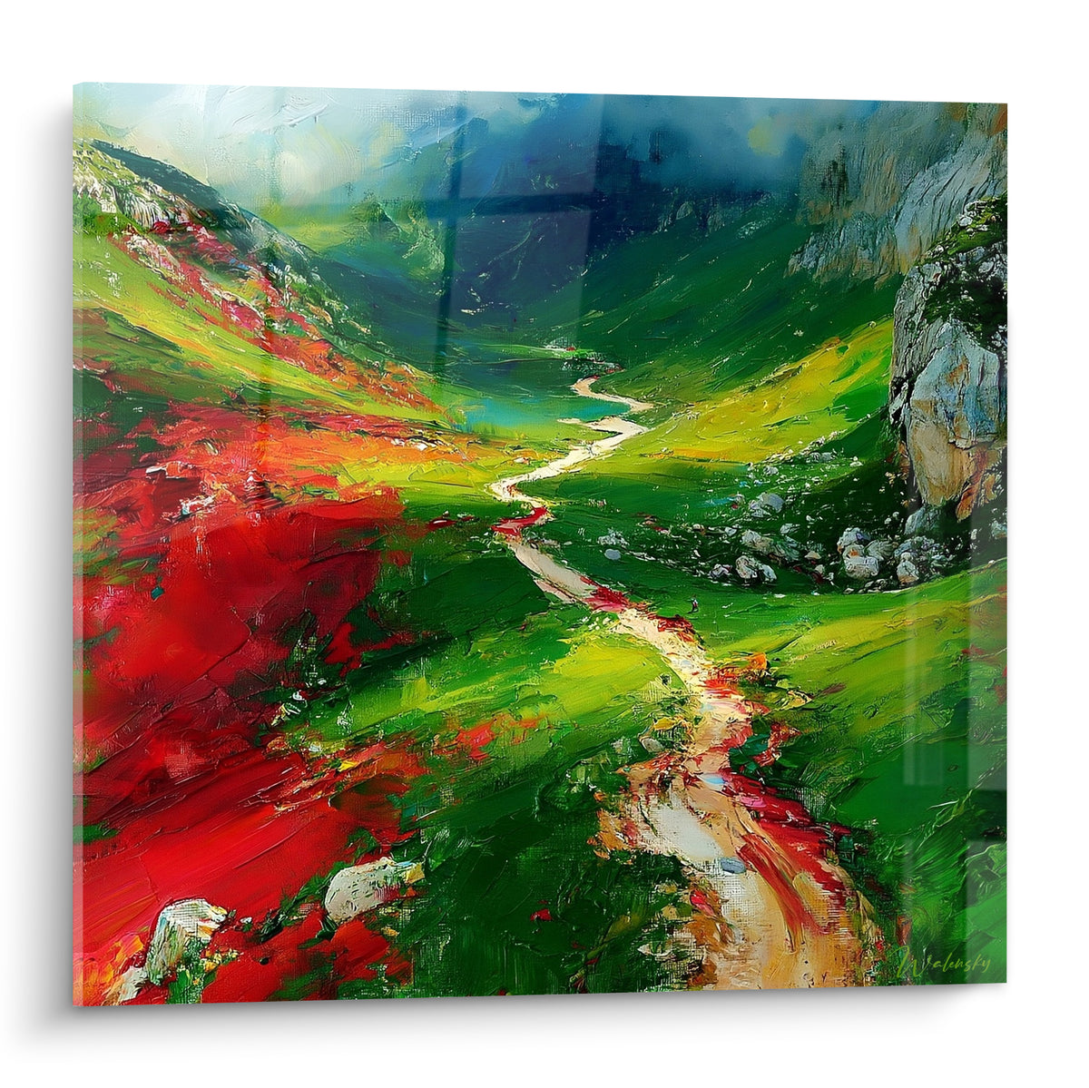 Sentier ocre traversant une vallée aux teintes rouge vif et vert profond, peinture à l'huile texturée