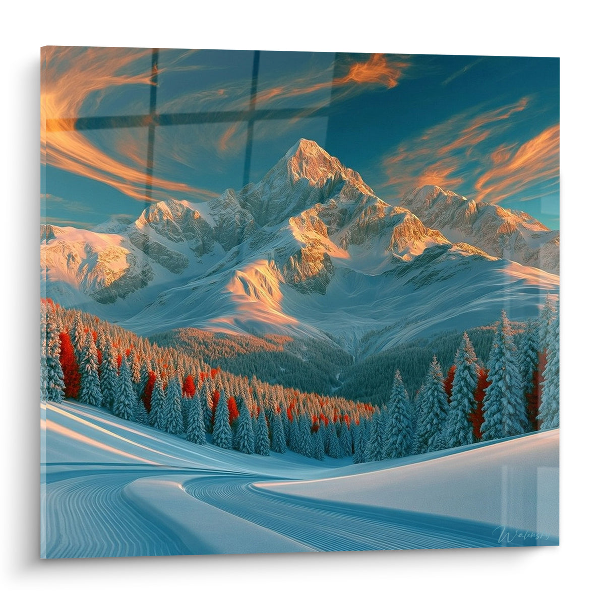 Sommet montagne bleu glacier et ciel orangé, neige immaculée et forêt de sapins givrés