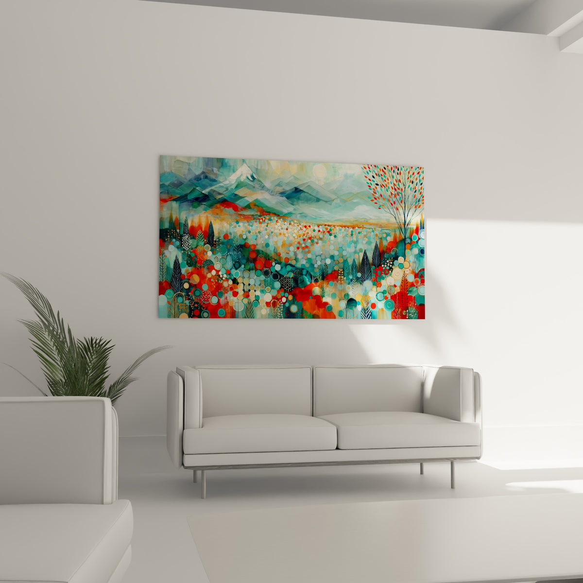 Massif enneigé bleu-gris et vallée aux mille points colorés rouge et ocre, au-dessus d'un canapé dans un salon lumineux