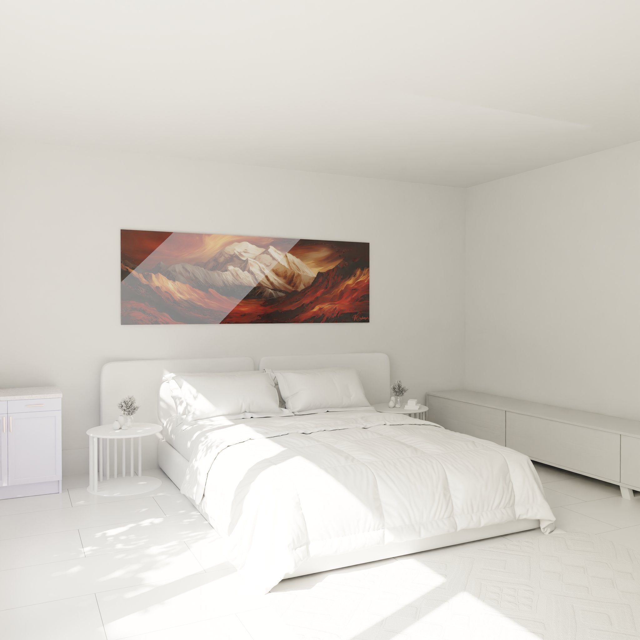 Ambiance chambre avec tableau sommet enneigé, décoration murale montagne élégante