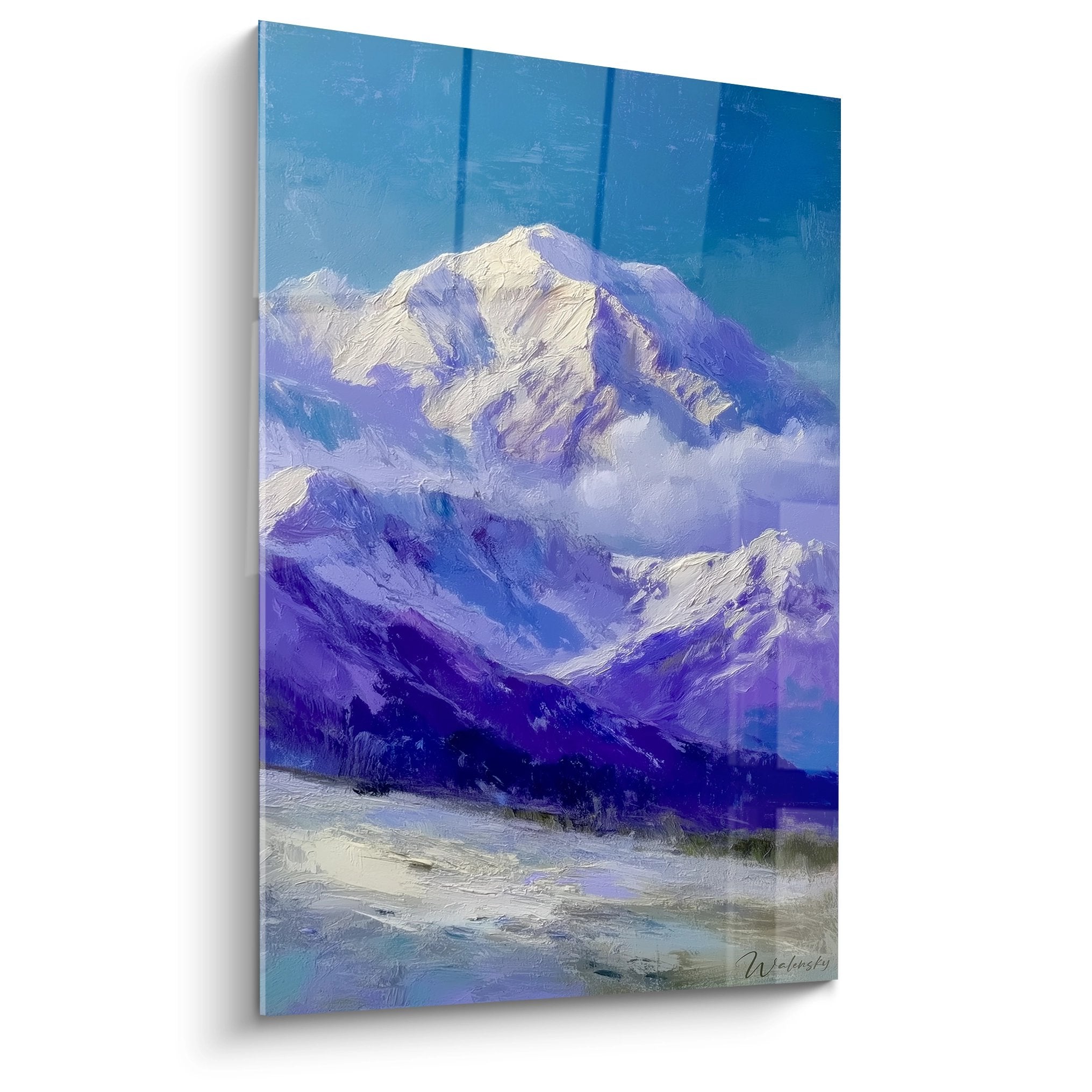 Tableau montagne sommet enneigé tons violets peinture alpine décorative murale