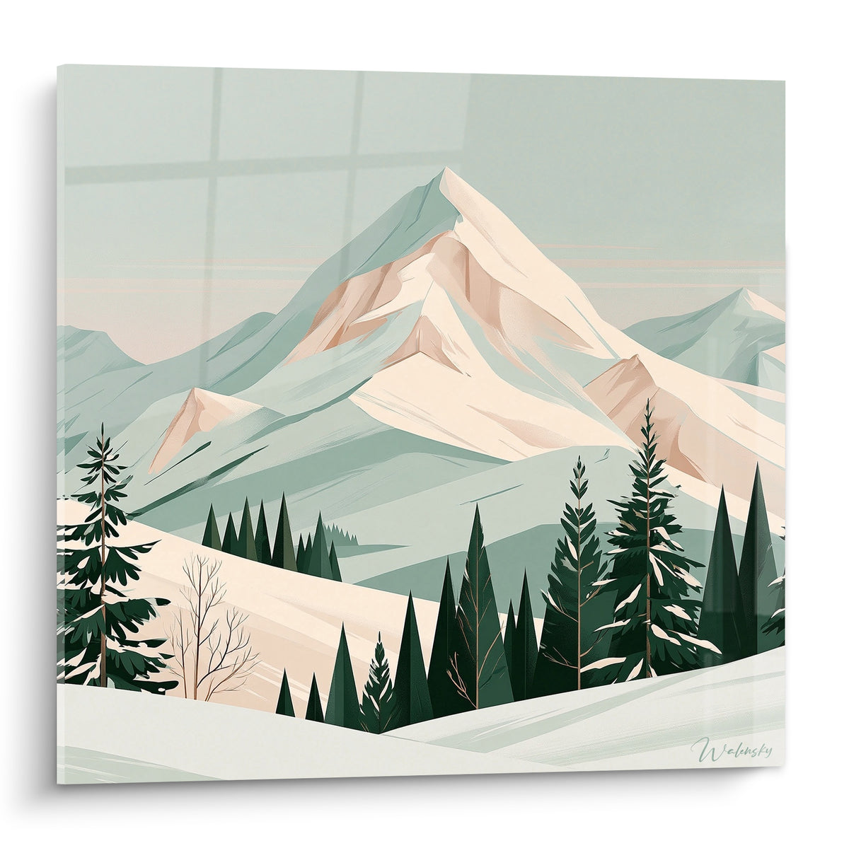 Sommet montagne aux teintes vert sauge et rosé pêche, sapins enneigés au premier plan, style graphique épuré