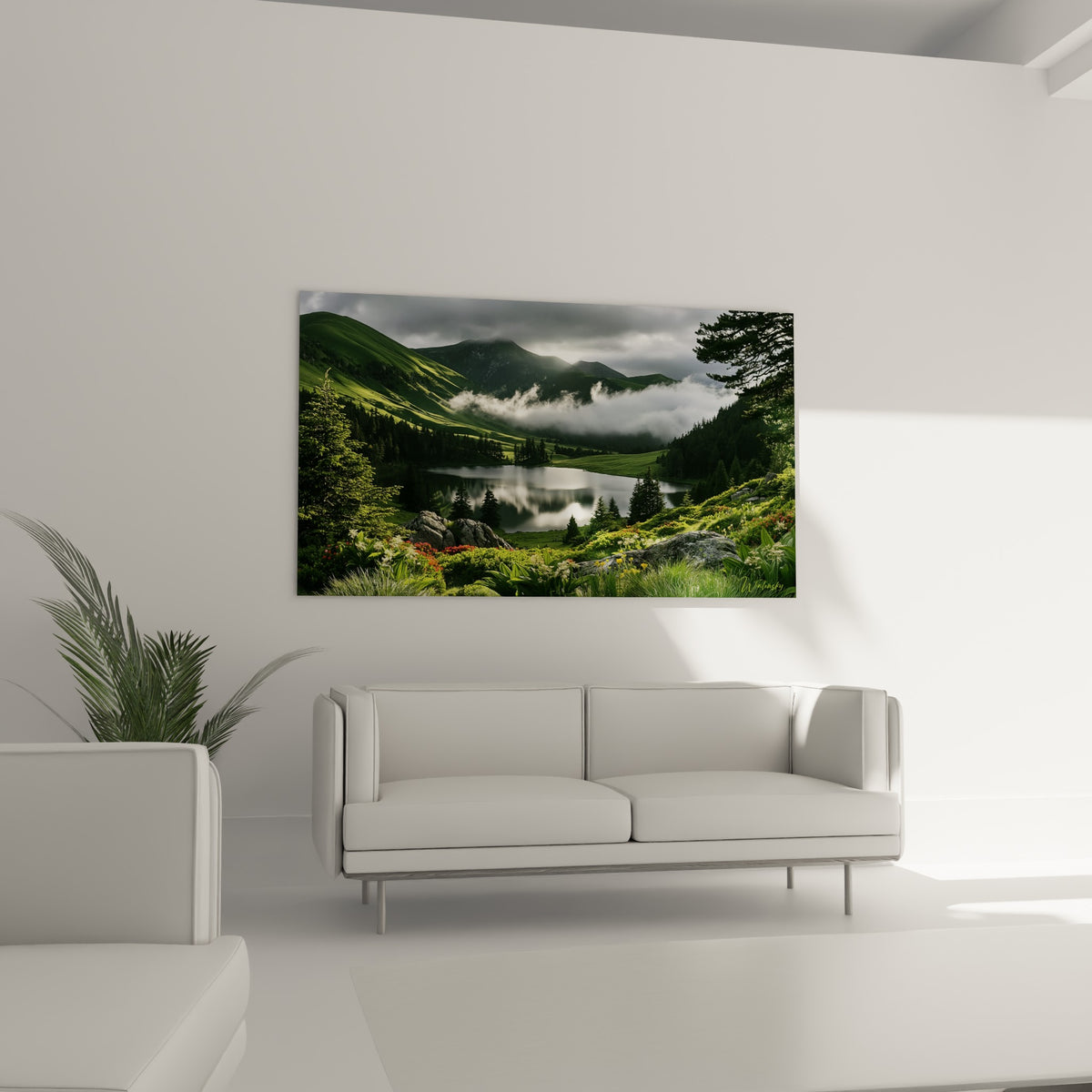 Sommets gris anthracite et lac reflétant la lumière au-dessus d'un canapé dans un salon lumineux