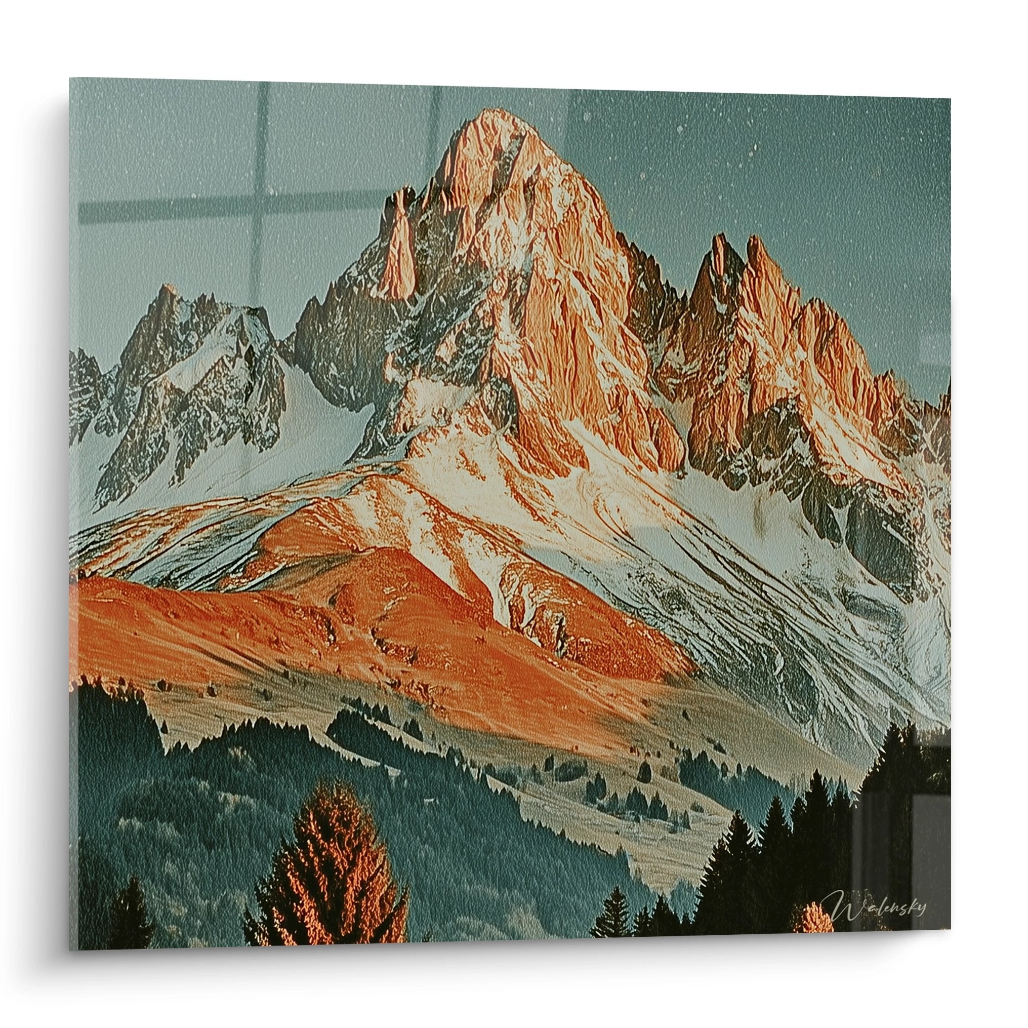 Tableau mural montagne représentant des sommets enneigés baignés de lumière dorée alpenglow avec vallée alpine