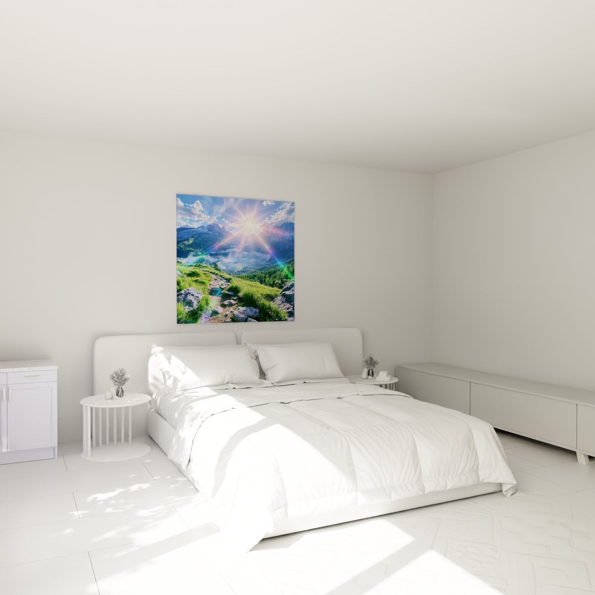 Chemin rocailleux et sommets enneigés bleu-vert accrochés au-dessus d'un lit dans une chambre claire
