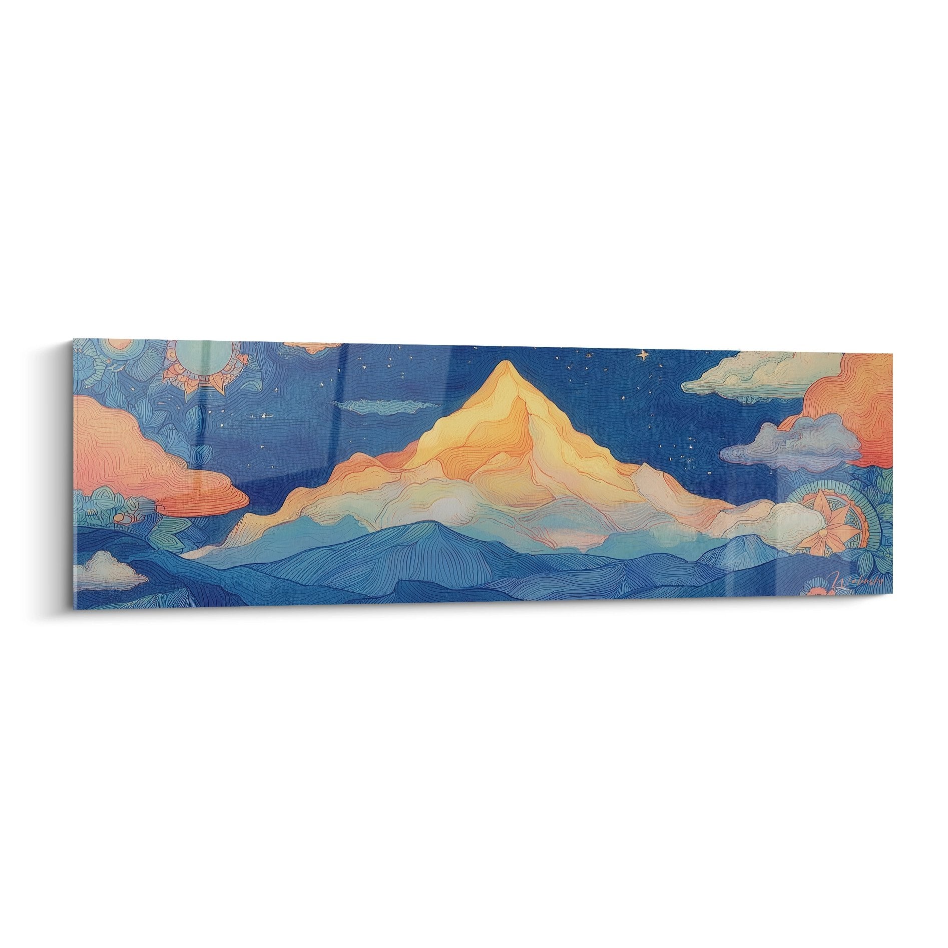 Tableau mural montagne stylisée aux couleurs chaudes et ciel étoilé, art décoratif moderne