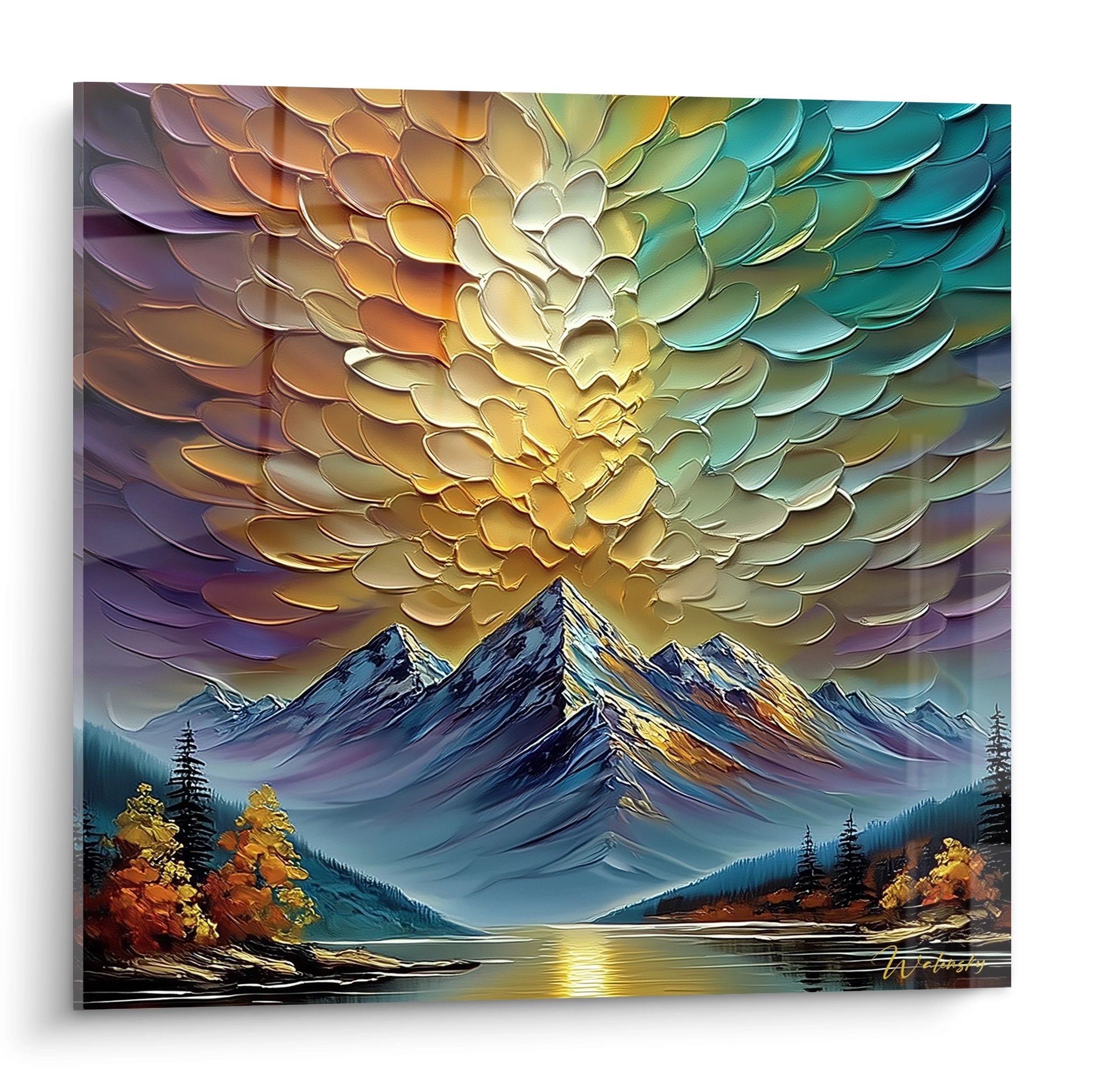 Tableau mural montagne avec tempête nuageuse dorée en relief et paysage alpin majestueux