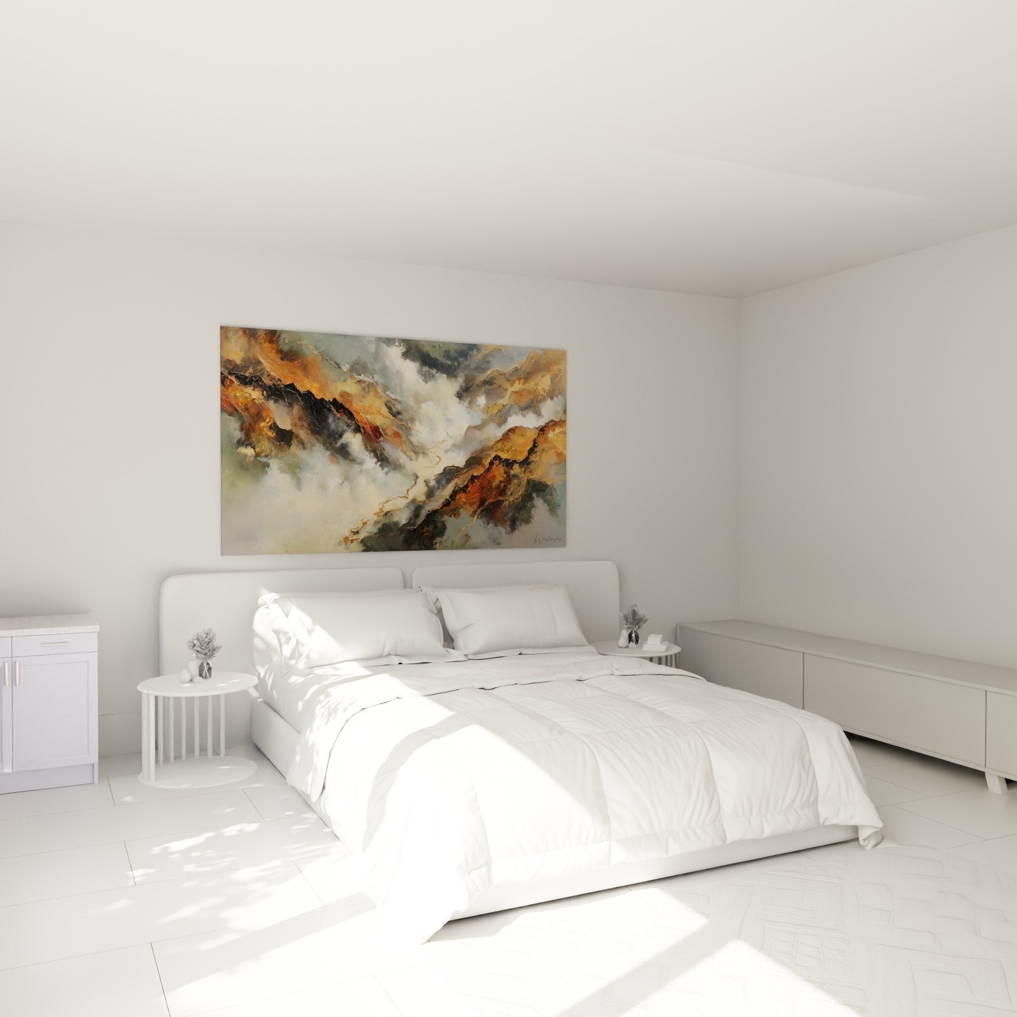Tableau montagne couleurs terre dans chambre moderne ambiance feng shui nord-est terre