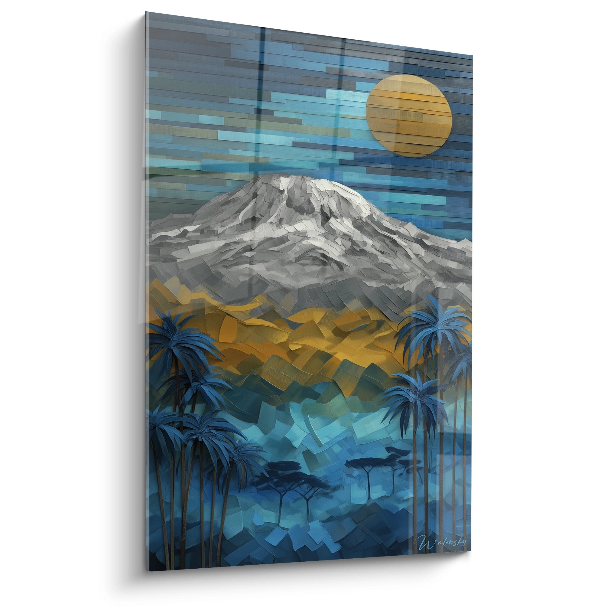 Tableau mural montagne tropicale géométrique avec palmiers bleus et soleil doré style pixel art moderne