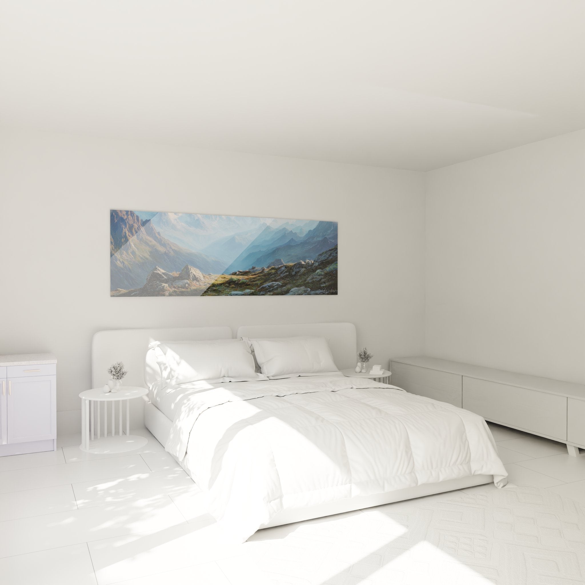 Tableau montagne vallée alpine décorant une chambre moderne avec vue panoramique