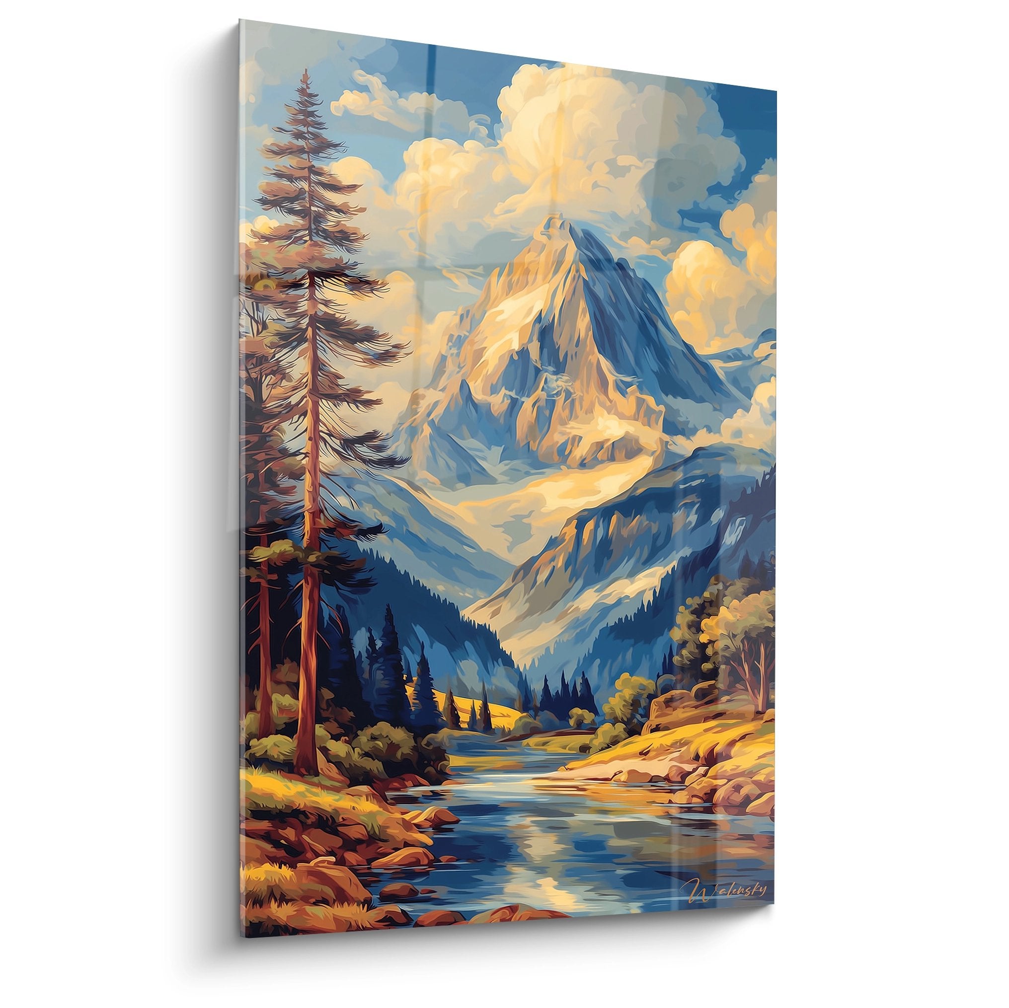 Tableau mural montagne vallée alpine avec rivière serpentant entre rochers et sapins majestueux