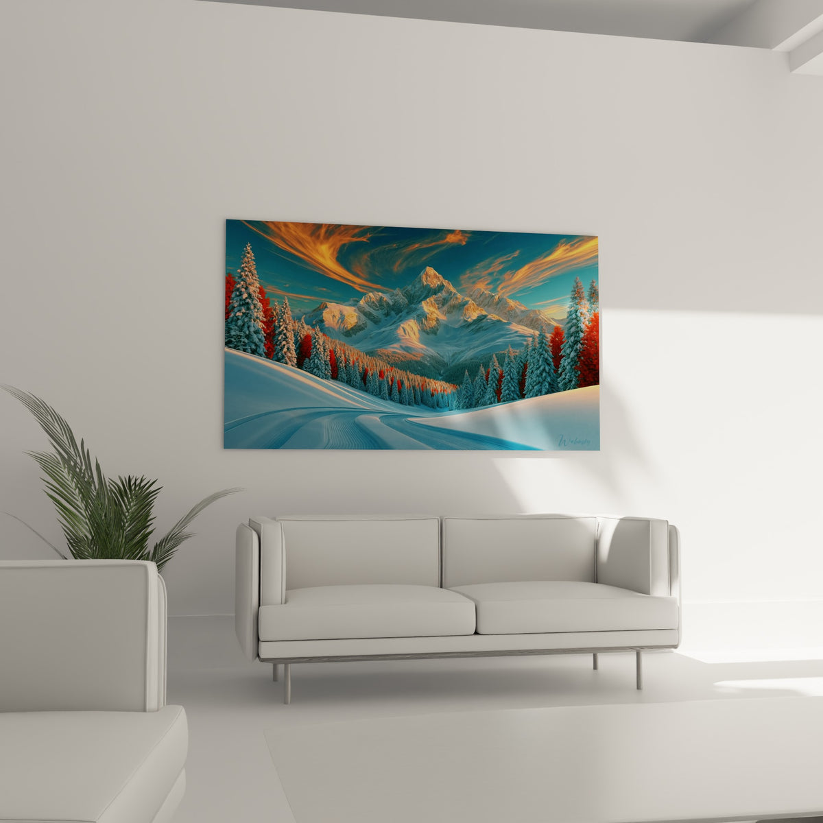 Vallée enneigée bleu pastel et sapins orangés accrochée au-dessus d'un canapé dans un salon lumineux