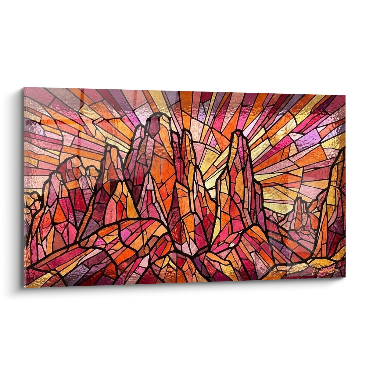 Pics rocheux orange et rose façon vitrail, motif géométrique sur fond de rayons dorés