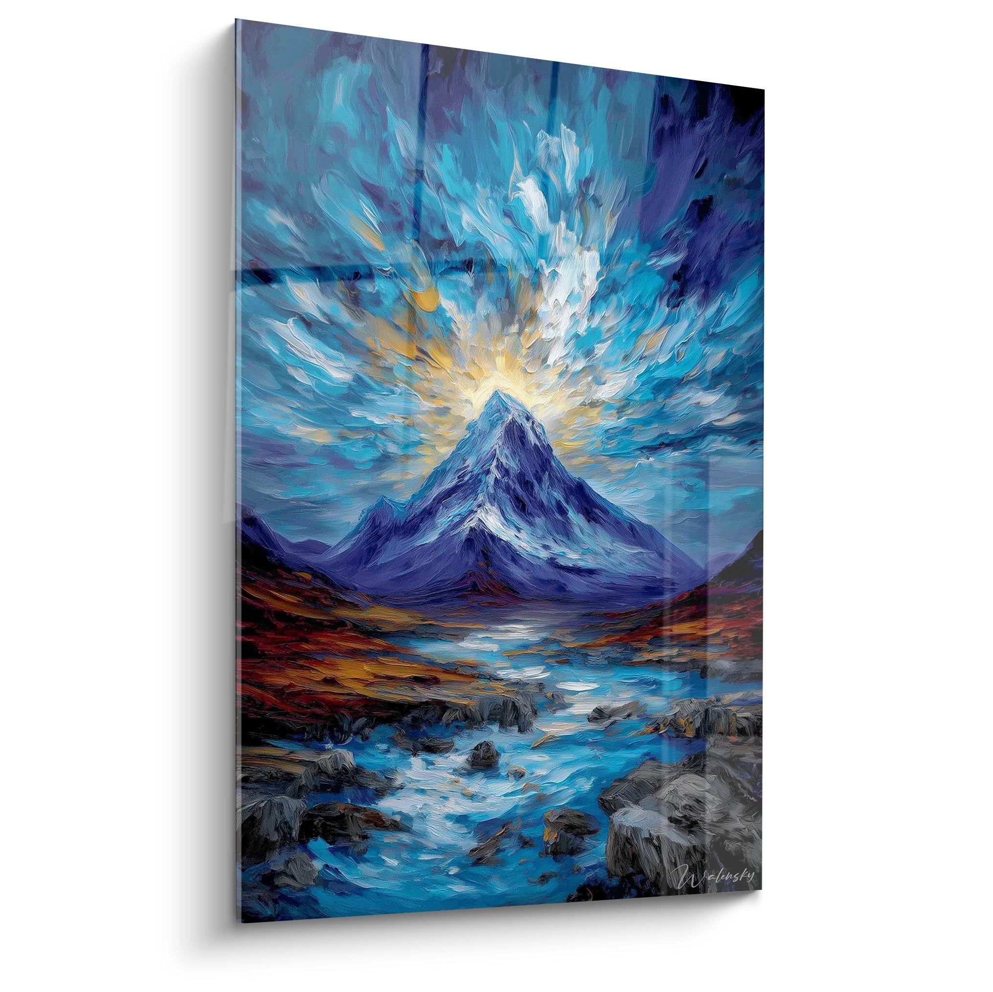 Tableau mural montagne volcanique avec ciel dramatique bleu et tourbillons dorés, paysage spectaculaire