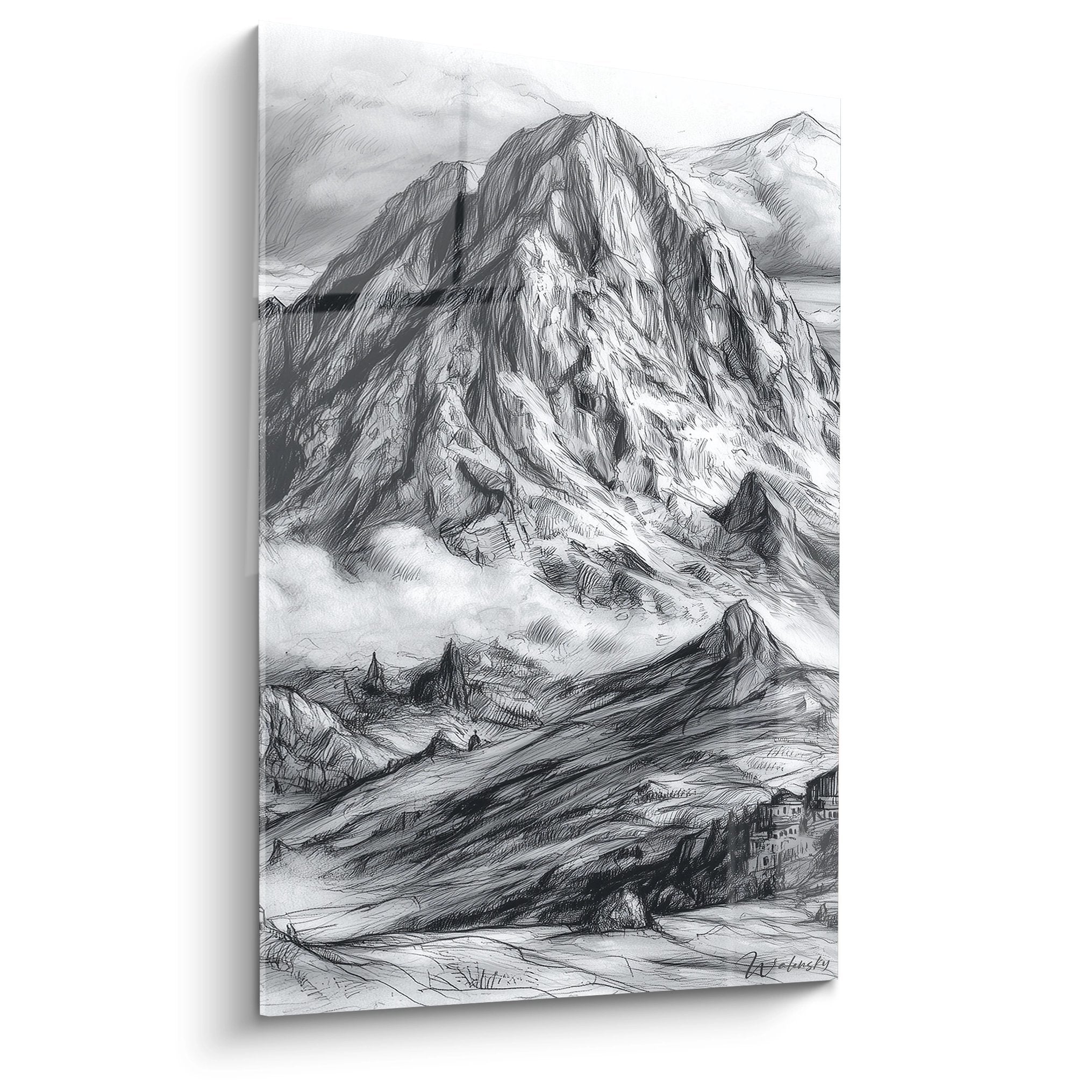 Tableau montagne volcanique noir et blanc - Art mural volcan majestueux - Décoration géologique premium