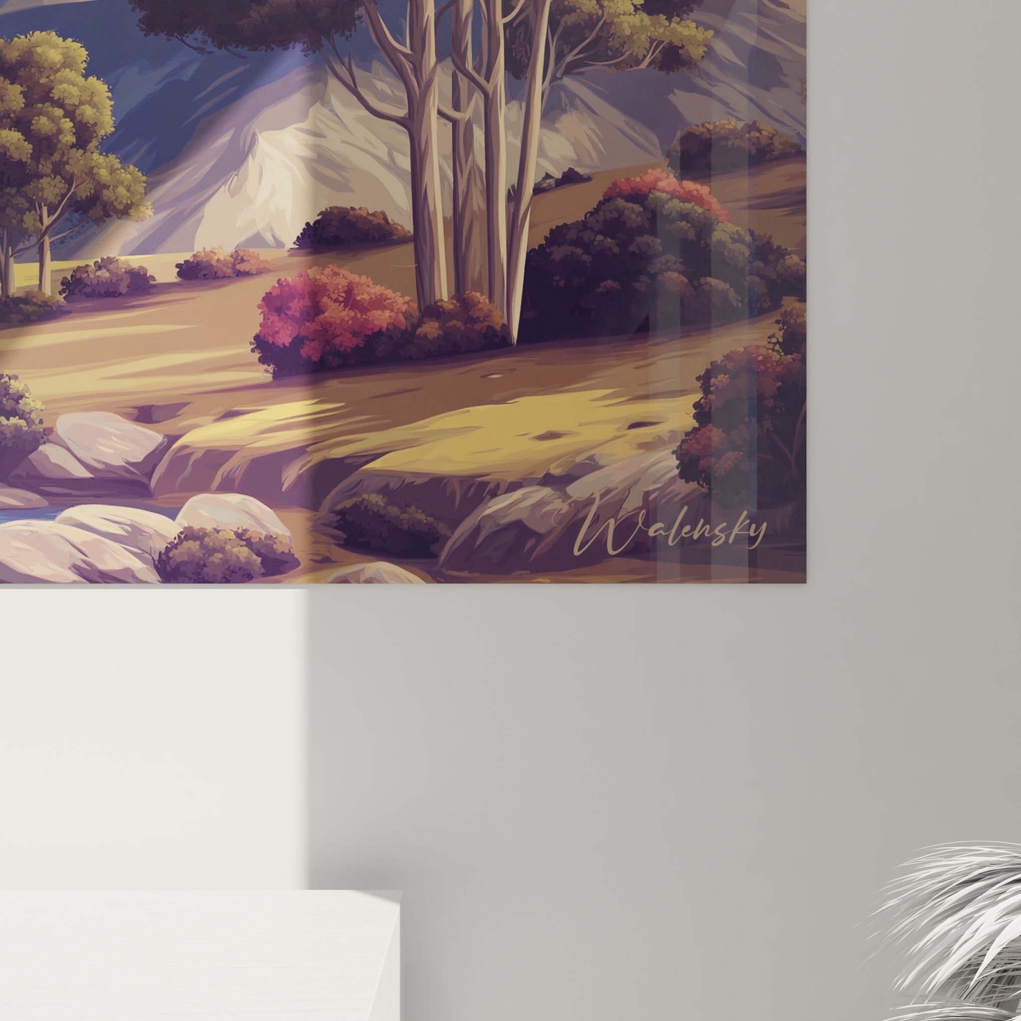 Vue ensemble tableau décoratif montagne, paysage alpin complet avec sommets et vallée