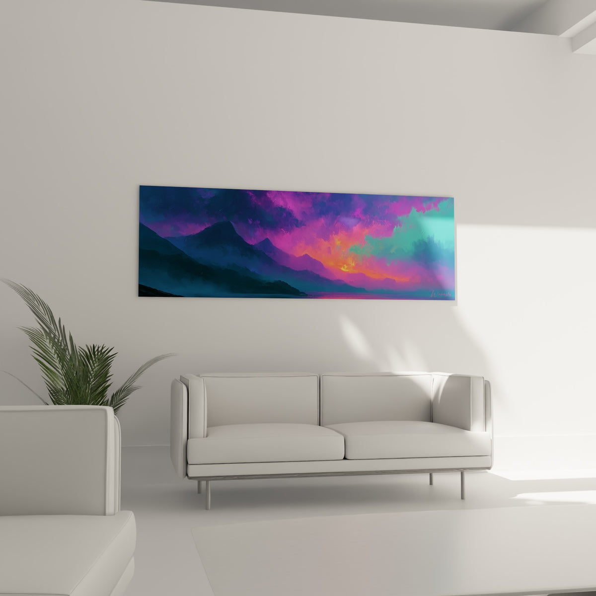 Silhouettes anthracite sous un ciel corail éclatant, œuvre suspendue au-dessus d'un canapé dans un salon lumineux