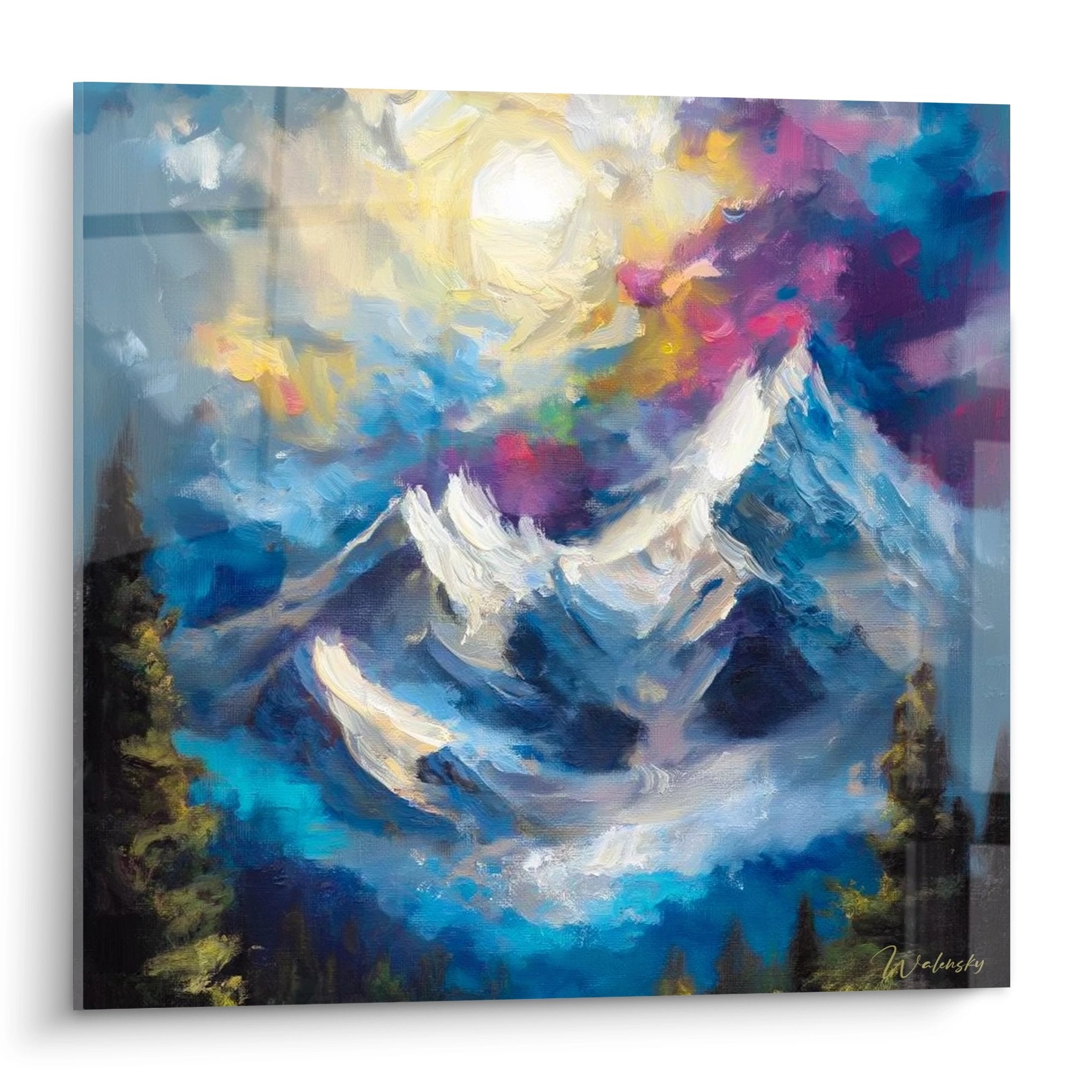 Tableau montagne enneigée avec sommets blancs et ciel coloré - art mural alpin moderne