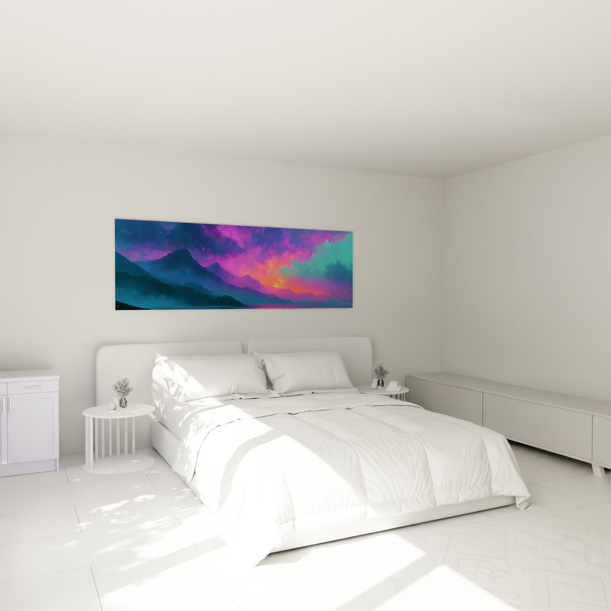 Reliefs violets et embrasement turquoise, tableau accroché au-dessus d'un lit dans une chambre claire