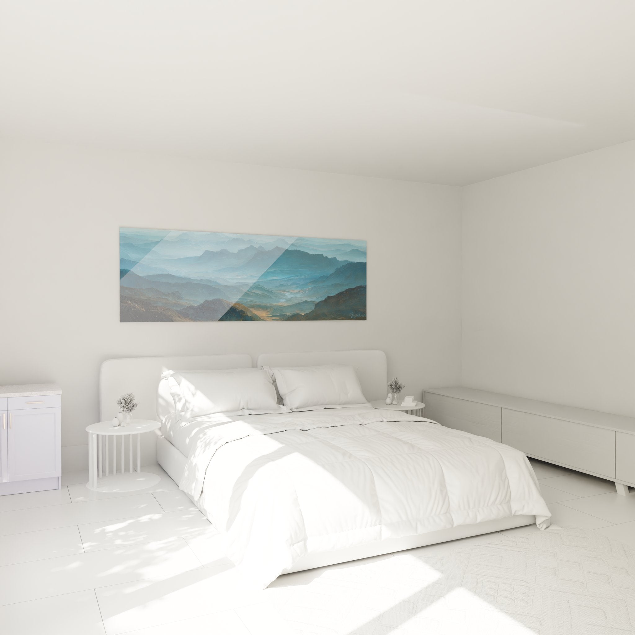 Tableau montagnes brumeuses dans chambre ambiance zen décoration murale paysage bleu apaisant