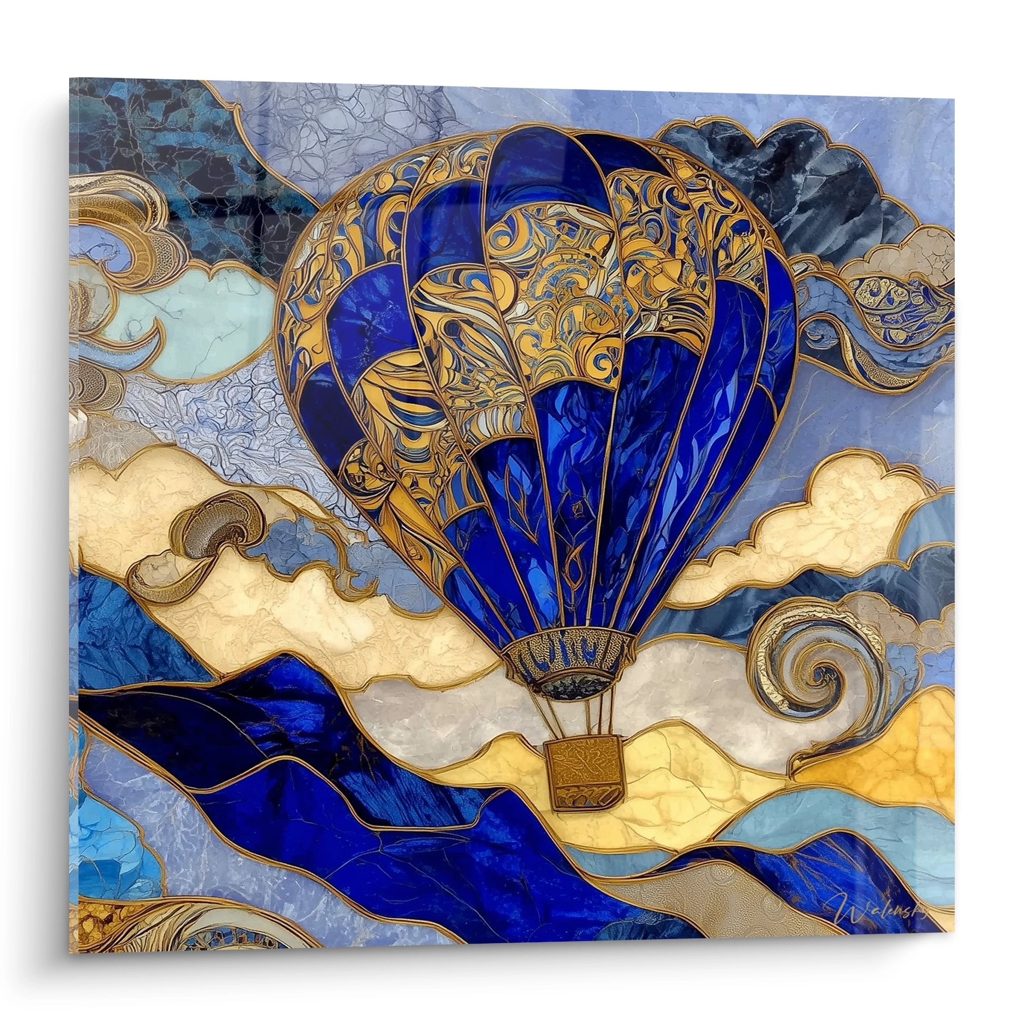 Tableau mural montgolfière art nouveau bleu et doré avec motifs décoratifs ornementaux style Belle Époque