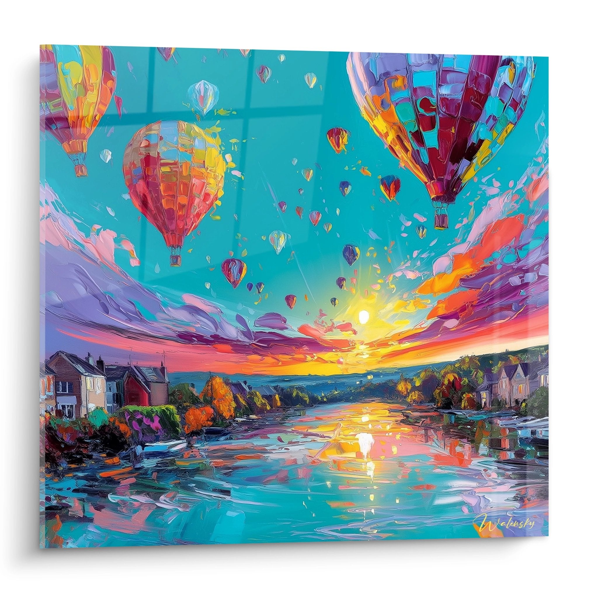 Tableau mural montgolfières colorées festival aérostatique coucher soleil paysage lacustre art décoratif moderne