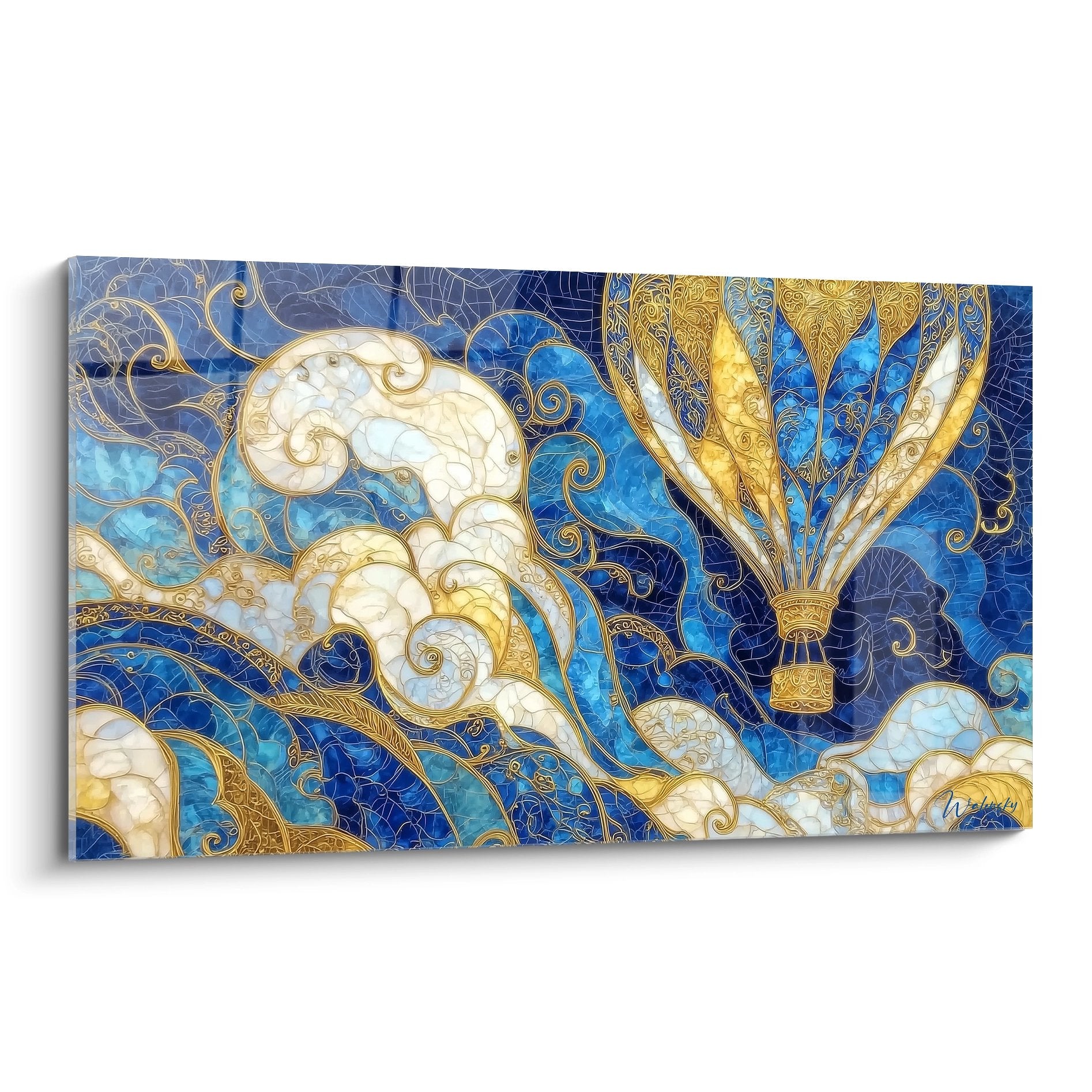 Tableau montgolfière ornementale dorée avec motifs Art Déco sur fond bleu royal