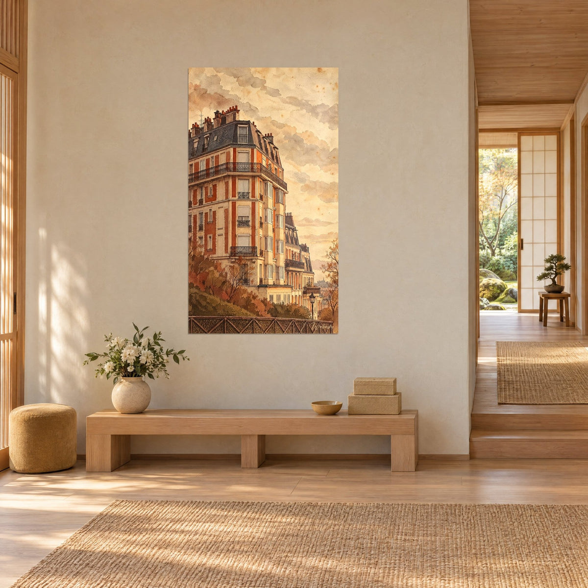 Gemälde Pariser Eckfassade, cremefarbener Stein und gebrannte Orangetöne, herbstliches Laub, in einem japandi Wohnraum aus hellem Holz