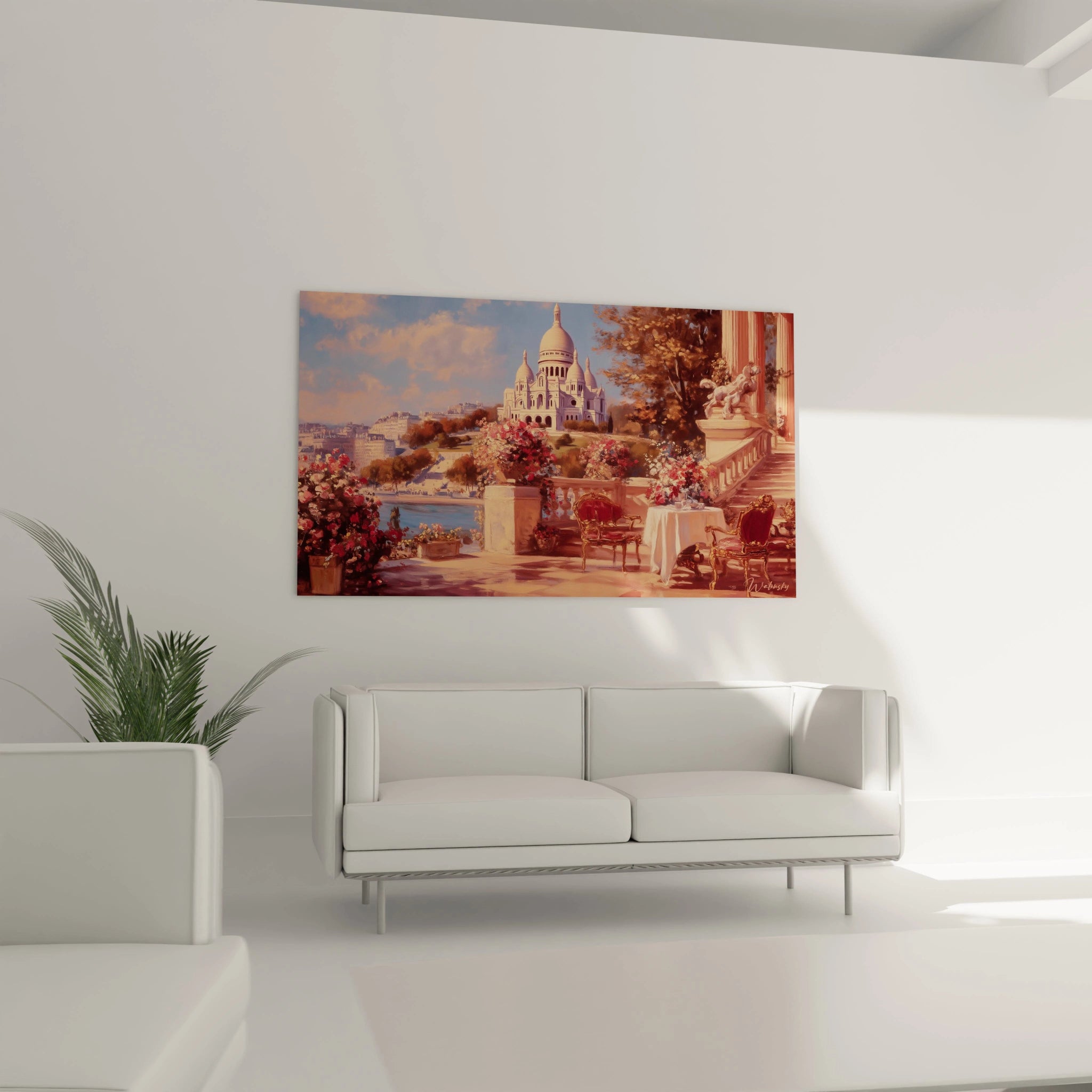 tableau Montmartre classique Walensky montrant Sacre Coeur depuis une terrasse fleurie suspendu au dessus d un canape blanc