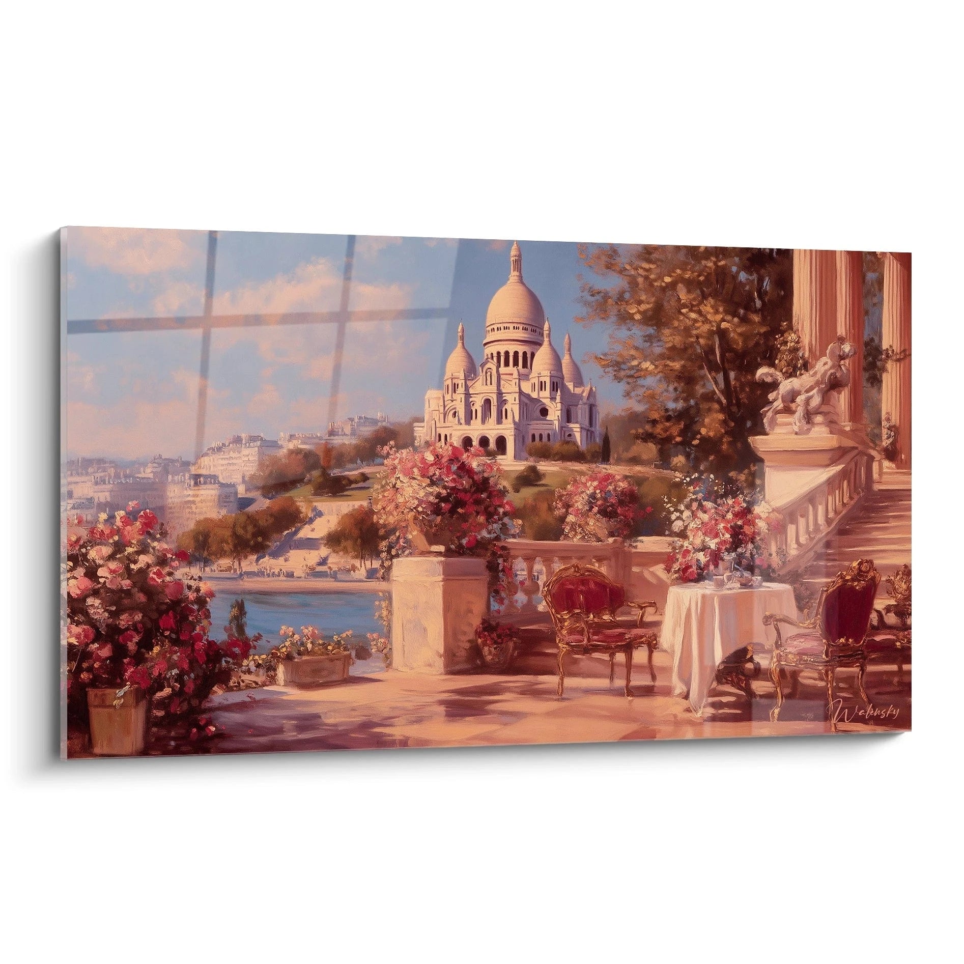 tableau Montmartre classique Walensky toile murale paysage Paris Sacré Coeur terrasse ensoleillée fleurs et fauteuils élégants