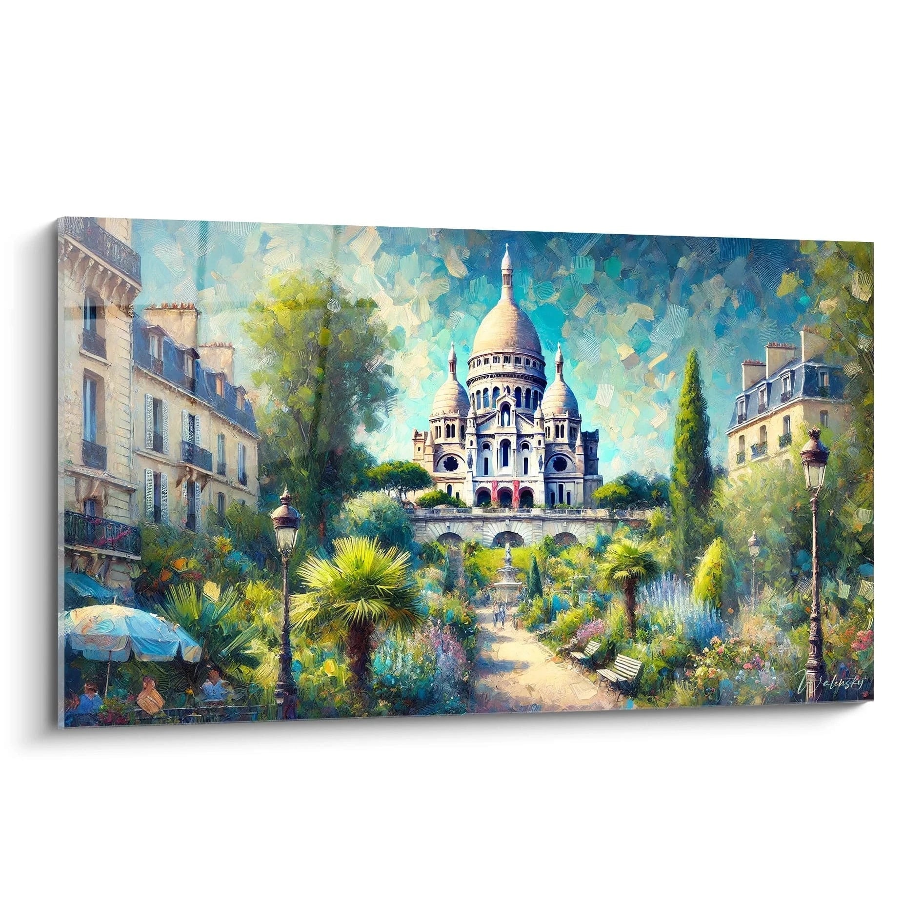 tableau Montmartre vu de biais révèle des nuances vibrantes de vert, bleu et beige. La basilique se dresse élégamment, entourée de jardins texturés, capturant l’essence bohème de Paris.