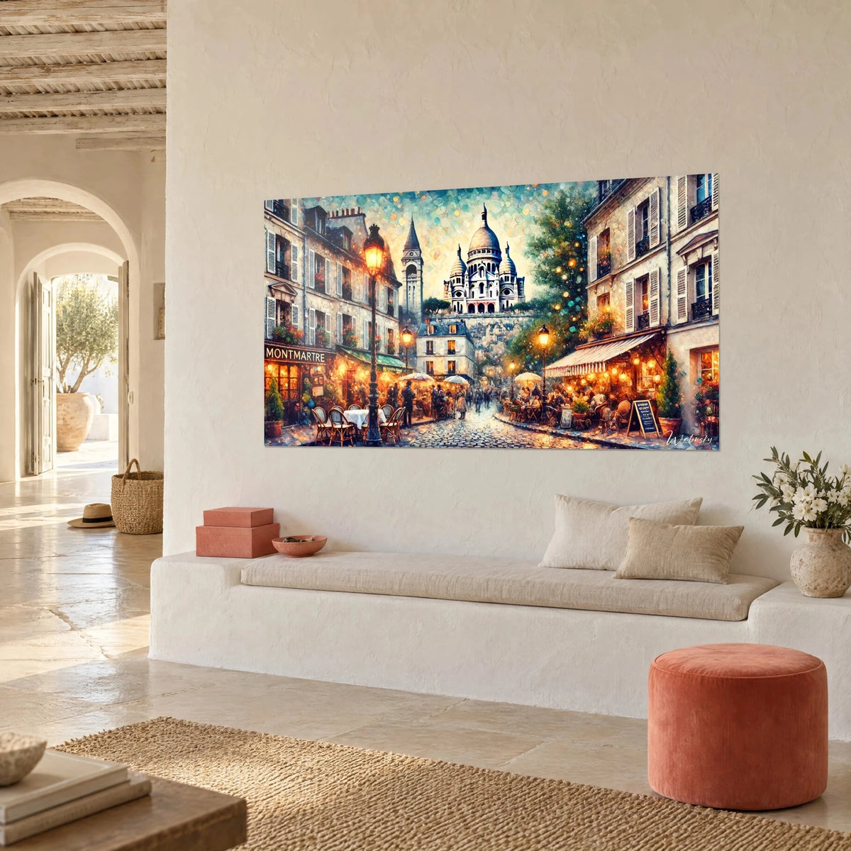 Wall art Montmartre in impressionist painting style, pale beige facades, striped awnings and golden glows, three-quarter view on a white wall