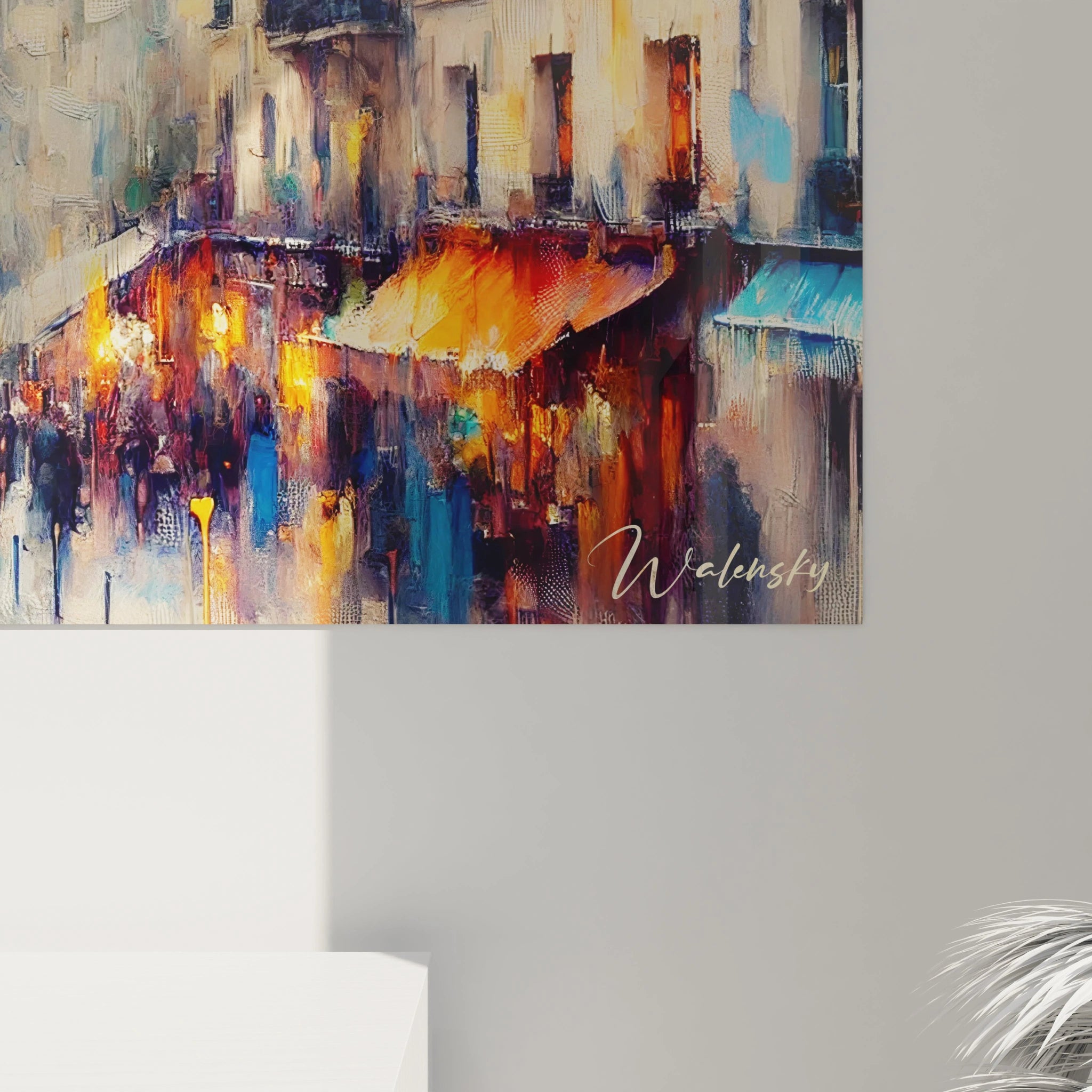 Vue rapprochée tableau Montmartre dévoile des coups de pinceau dynamiques et textures riches. Les détails des façades et silhouettes des passants apportent une harmonie entre modernité et nostalgie.