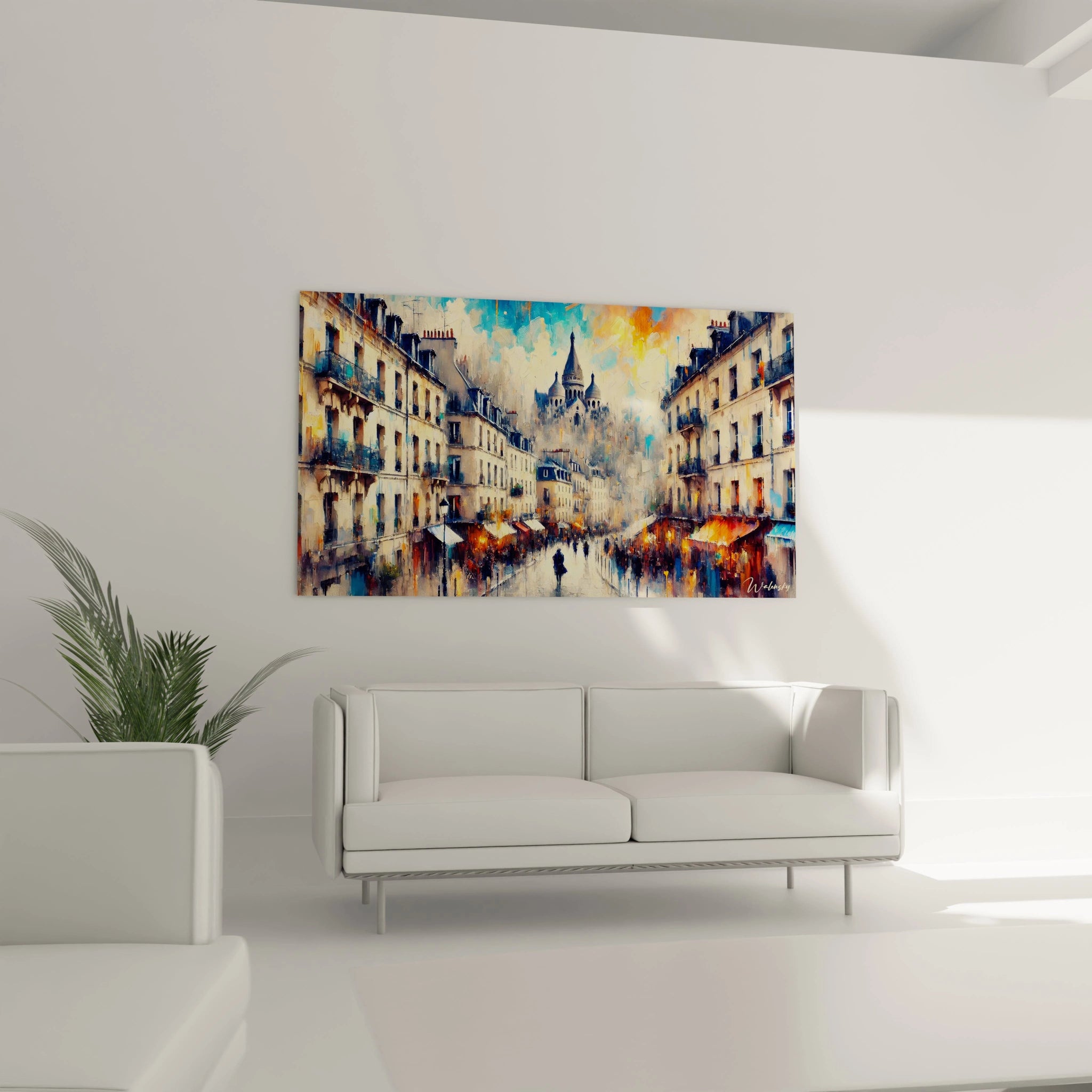 tableau Montmartre dans un salon illumine l’espace au-dessus du canapé avec ses couleurs éclatantes et son style impressionniste. Il évoque la vie vibrante et artistique de Paris, parfaite pour un intérieur cosy.