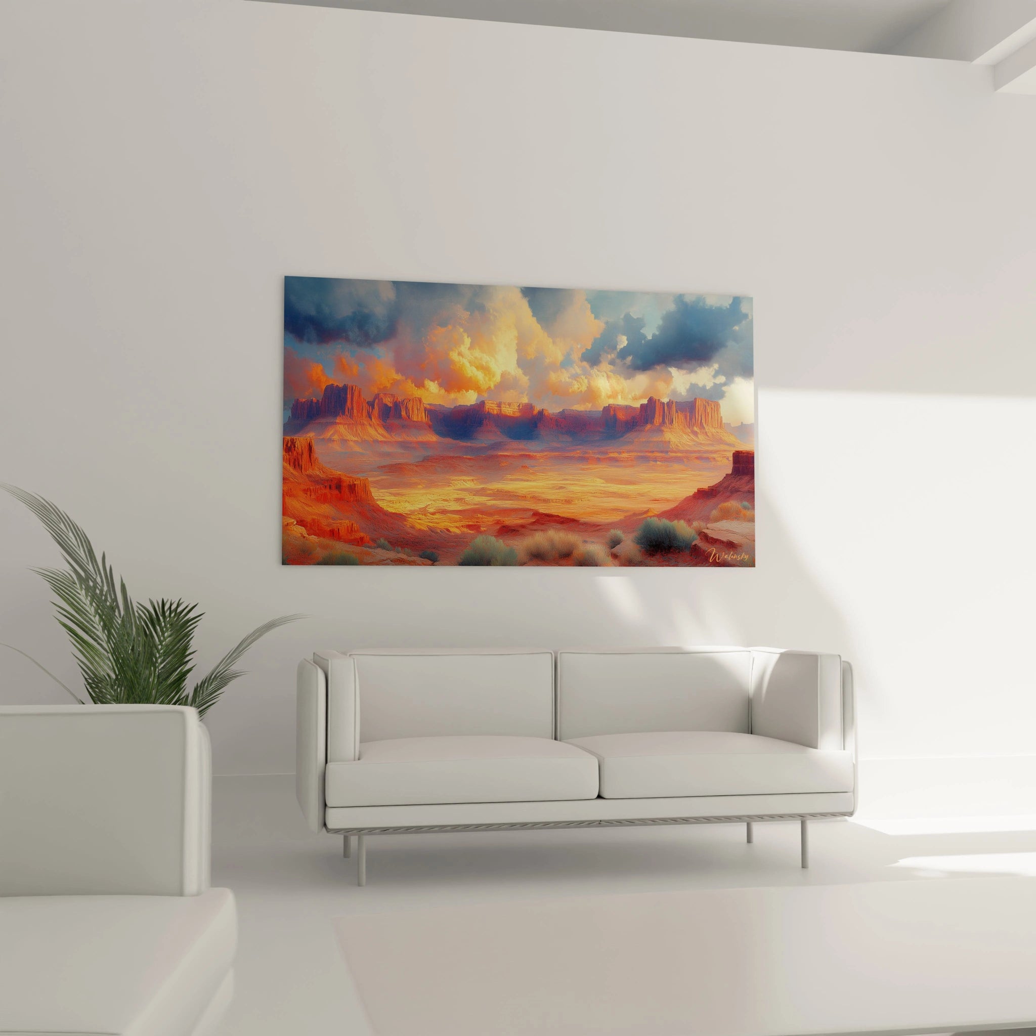 Tableau désert capturant un paysage américain spectaculaire où les roches monumentales se détachent sur fond de ciel incandescent aux couleurs chaudes intenses.