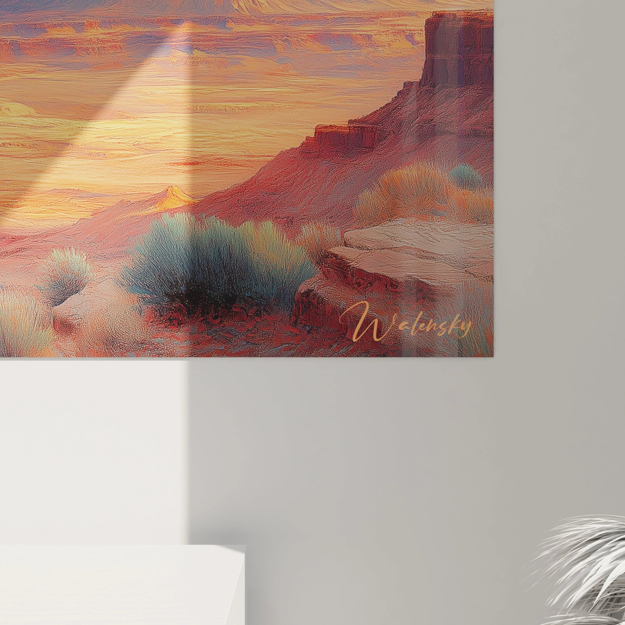 Tableau désert aux textures variées présentant des formations géologiques illuminées par une lumière crépusculaire avec empâtements visibles dans les nuages orange et bleus.