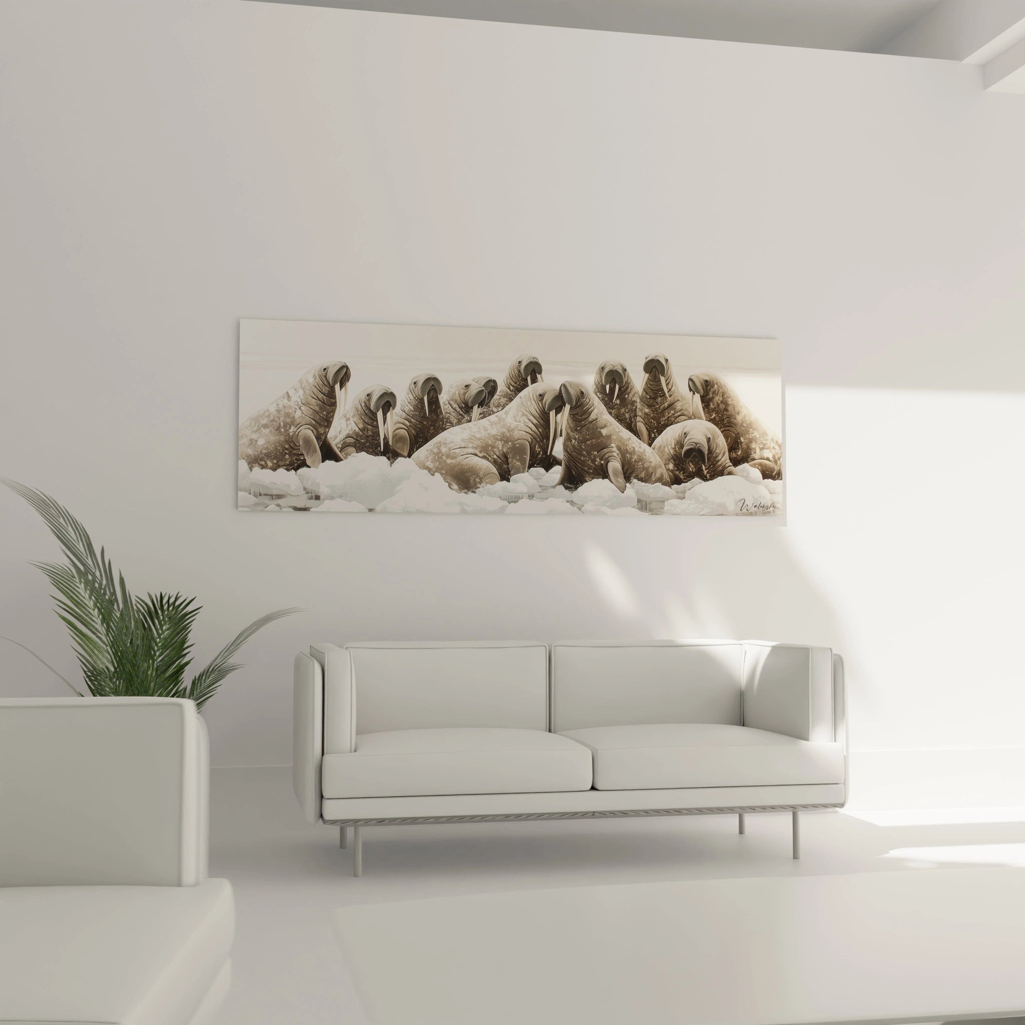 Tableau phoque Walensky représentant un groupe de phoques sur la glace dans un salon moderne