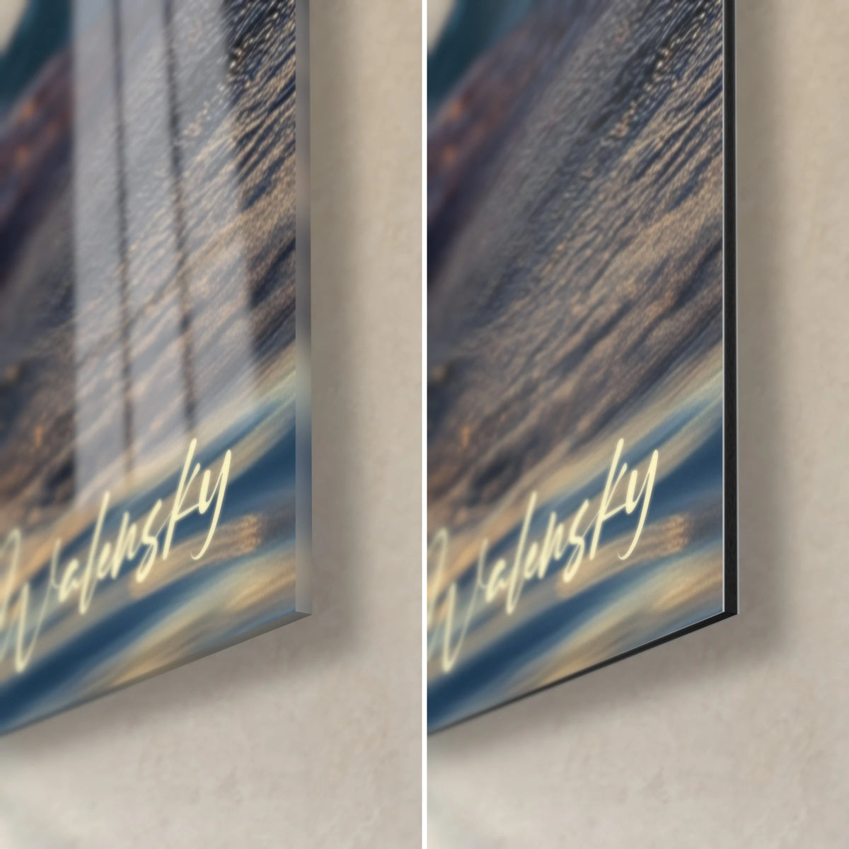 Wall art of a walrus with golden highlights, bottom right corner: glossy acrylic glass on the left, matte black Dibond aluminium on the right, 3 mm edge
