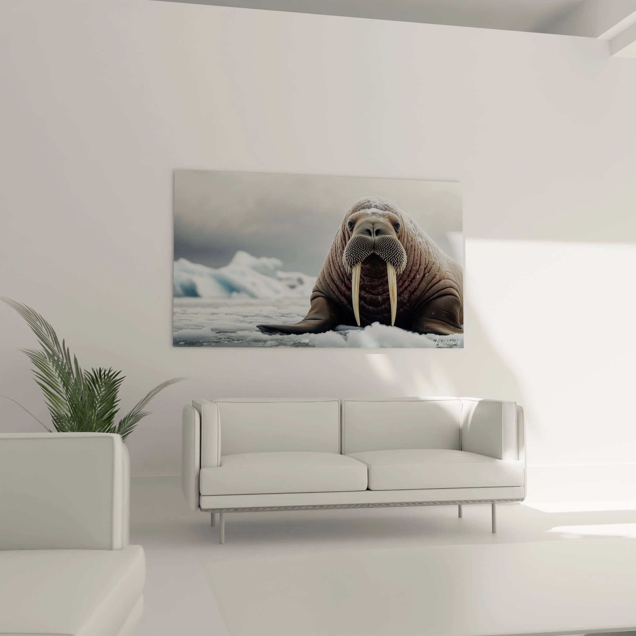 Un tableau morse polaire présentant un gros plan sur la tête et le buste d'un morse sur la banquise. Contrastes marqués entre les tons chauds de l'animal et les teintes froides de la glace. Textures rugueuses de la peau minutieusement détaillées.