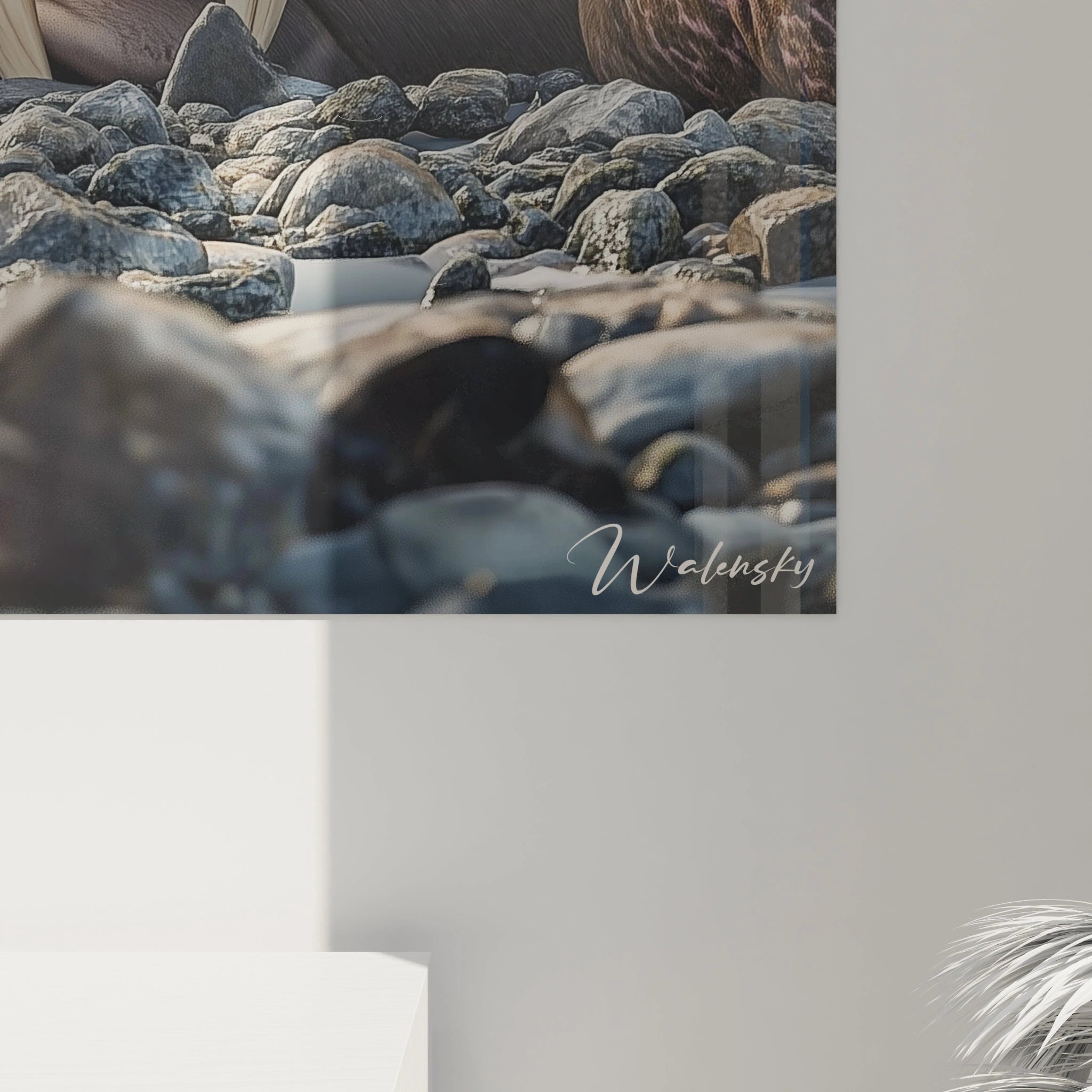 Un tableau morse naturaliste représentant en gros plan ce mammifère marin aux défenses caractéristiques. Les textures de sa peau épaisse aux tons roses et bruns sont minutieusement détaillées, contrastant avec les galets gris sur lesquels il repose face à l'observateur.