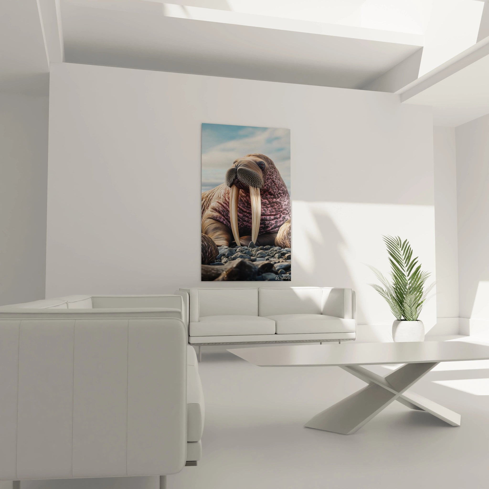 Un tableau morse hyperréaliste montrant la tête et le haut du corps d'un spécimen au repos sur une plage rocheuse. Les teintes beiges et marron de sa peau ridée et ses impressionnantes défenses ivoire sont rendues avec une précision photographique sous un ciel bleuté.