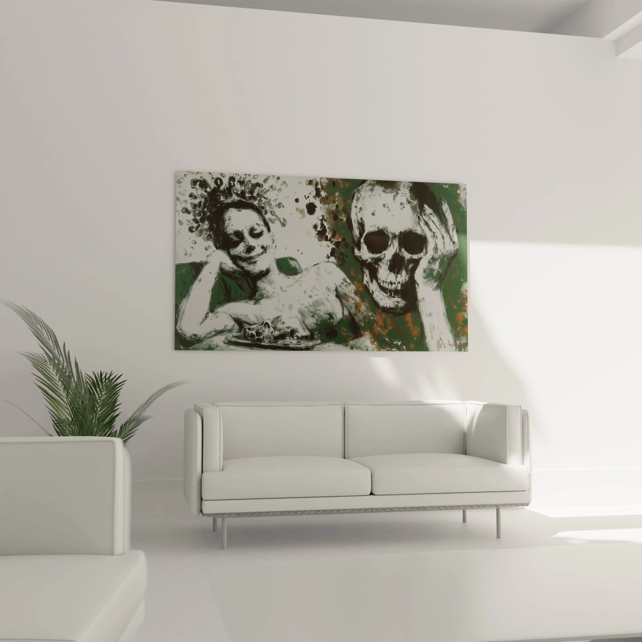 Tableau Walensky tableau vanité art mural représentant une femme souriante et un crâne vert abstrait