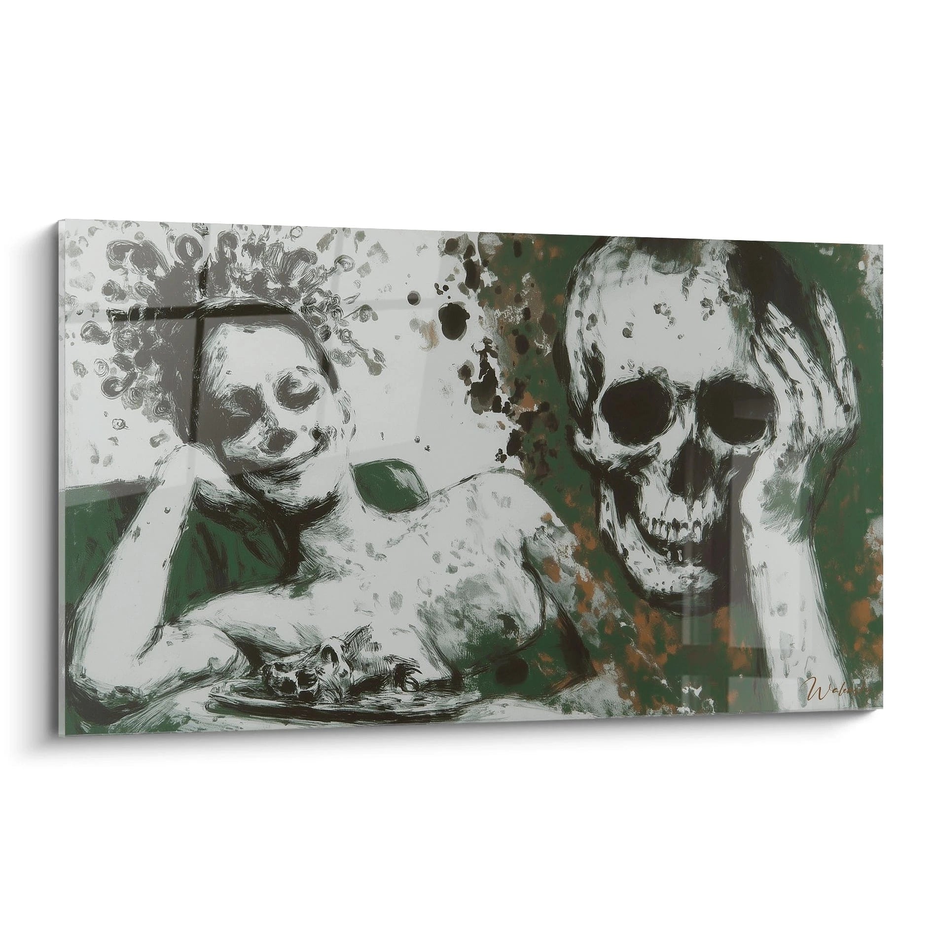 tableau vanité art mural Walensky toile panoramique représentant crânes et figure allongée style sombre