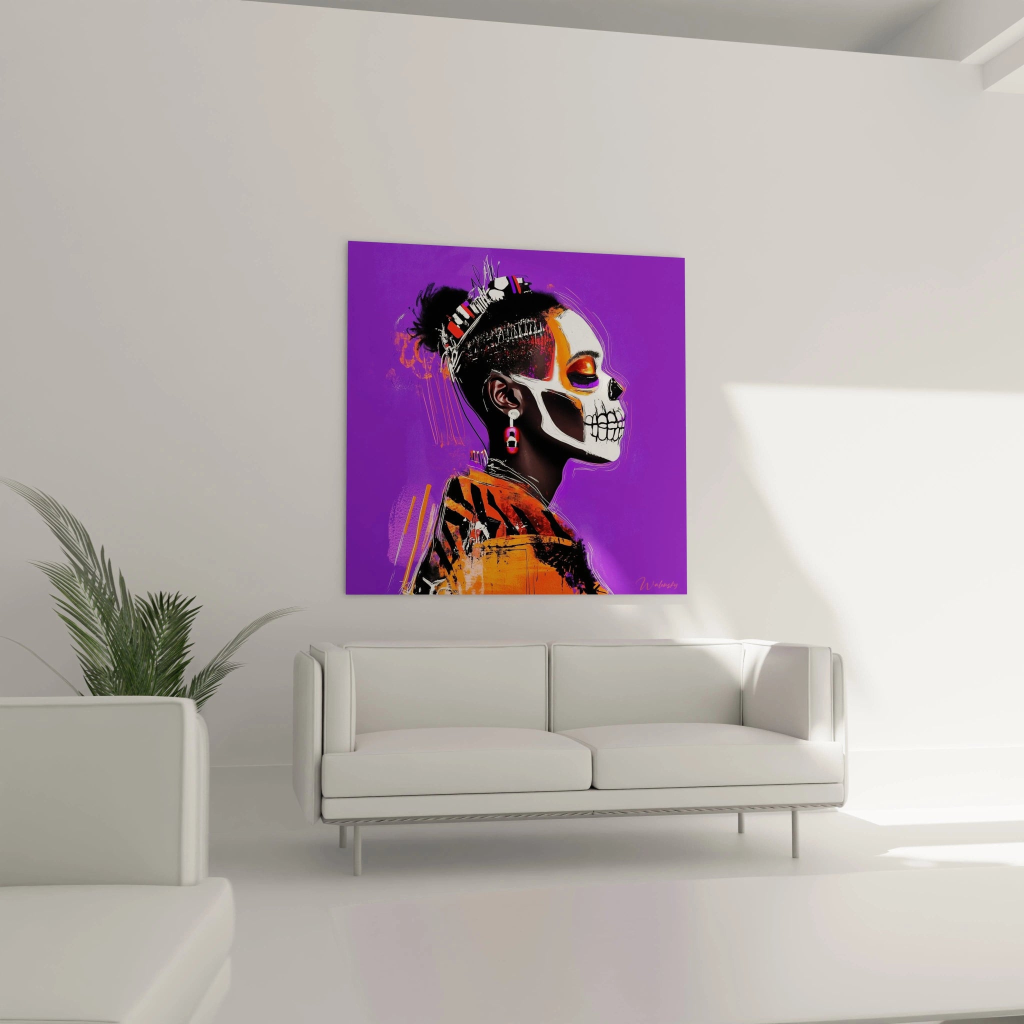 Tableau africain mural Walensky représentant un portrait coloré d'une femme avec maquillage artistique sur fond violet