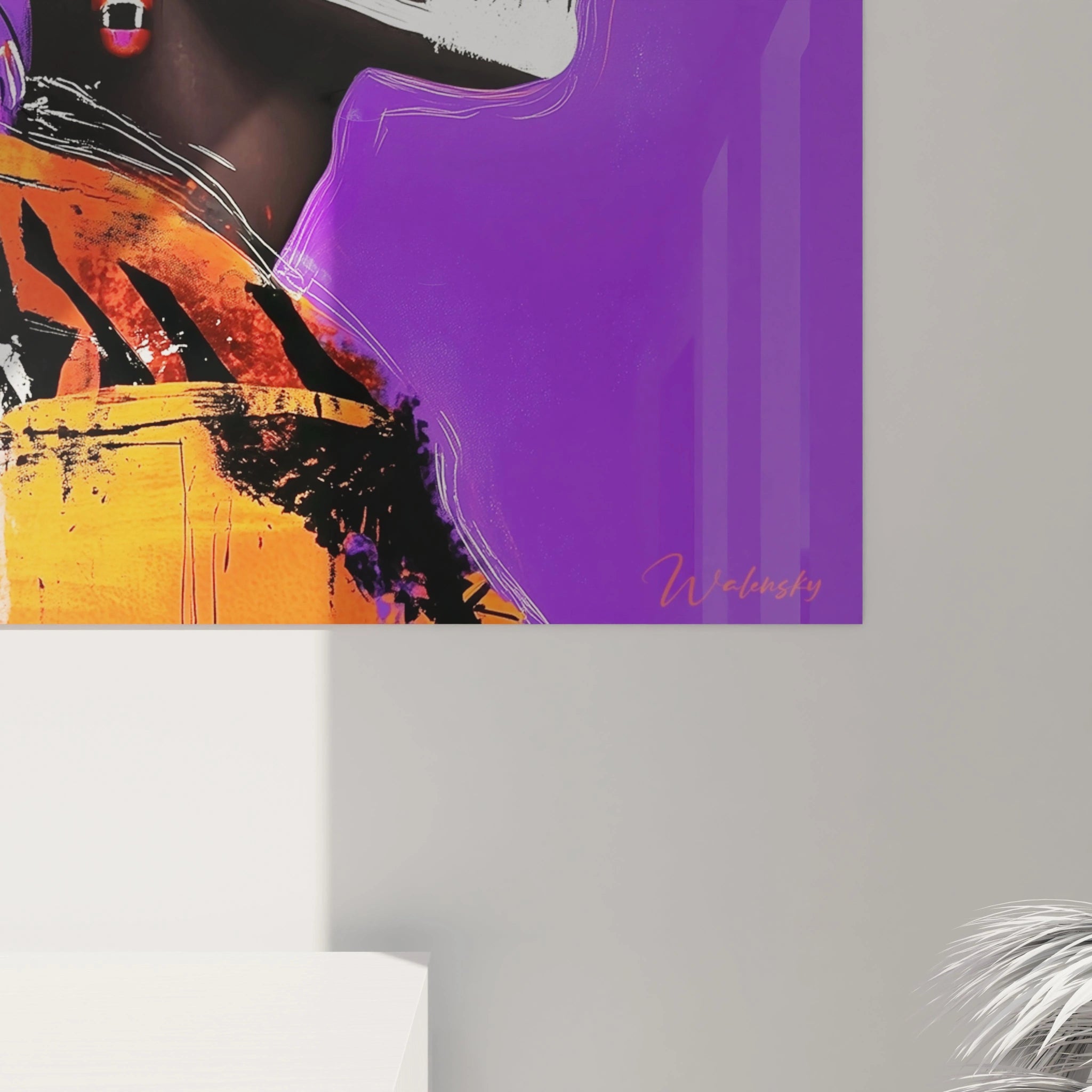 Tableau africain mural coloré par Walensky avec portrait artistique et fond violet vibrant